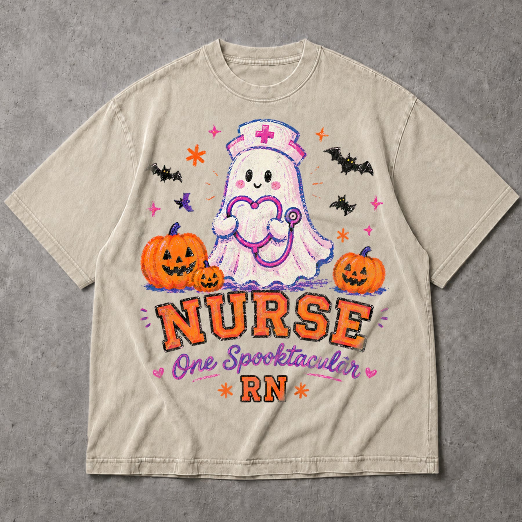 SF_COLOR=sand; SF_ITEM=adult-t-shirt; SF_ROLE=main; Spooktacular Nurse RN T-Shirt Cute Ghost Stethoscope Pumpkins Halloween Tee - Sand Adult T-Shirt product image