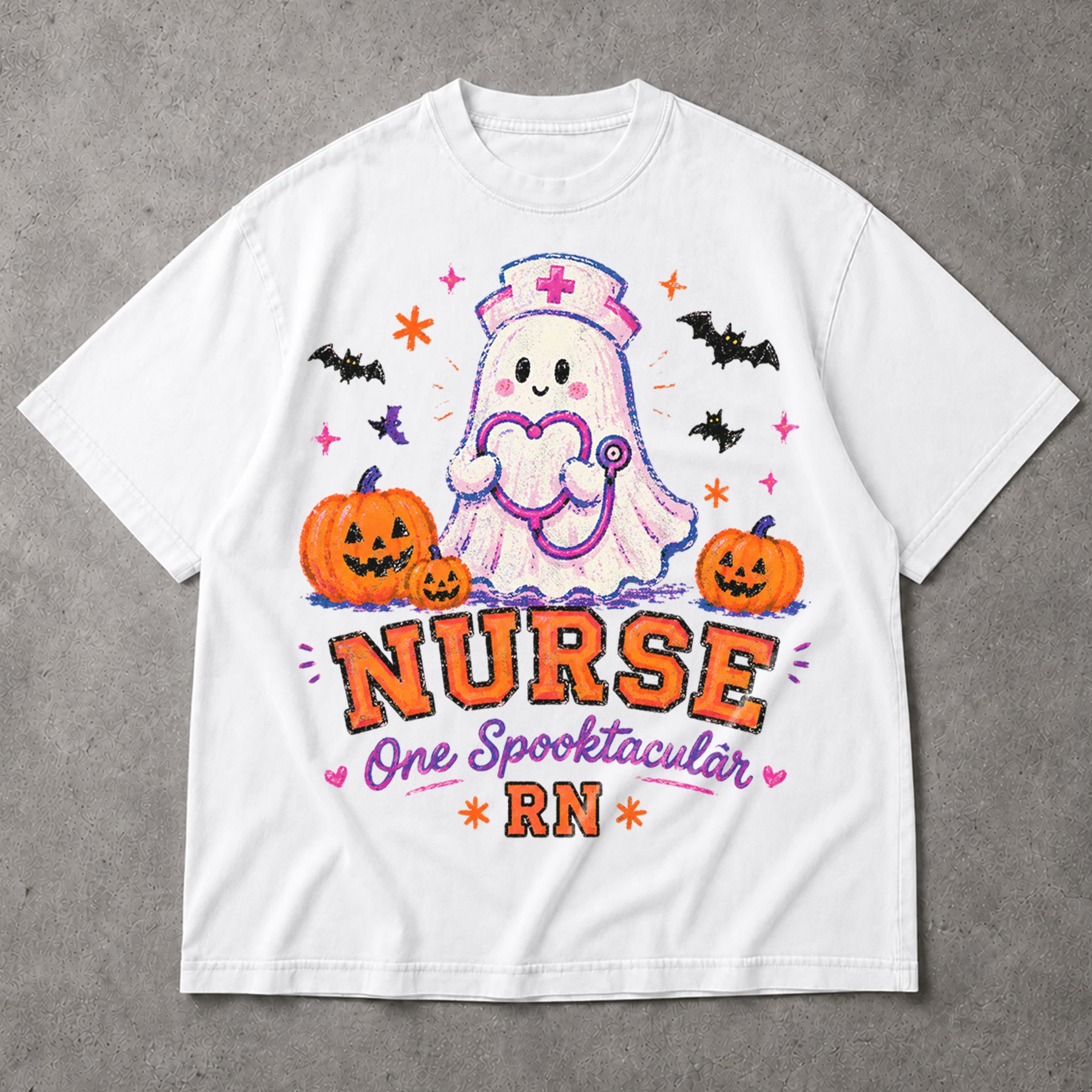 SF_COLOR=white; SF_ITEM=adult-t-shirt; SF_ROLE=main; Spooktacular Nurse RN T-Shirt Cute Ghost Stethoscope Pumpkins Halloween Tee - White Adult T-Shirt product image