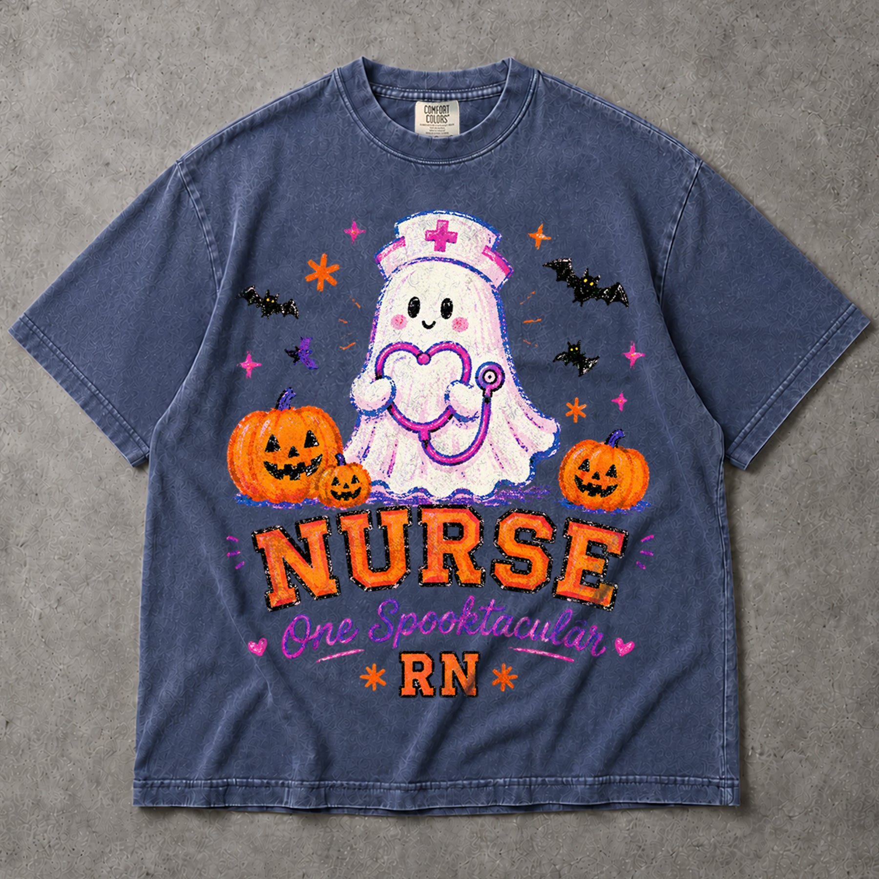SF_COLOR=sport-grey|denim; SF_ITEM=adult-t-shirt; SF_ROLE=main; Spooktacular Nurse RN T-Shirt Cute Ghost Stethoscope Pumpkins Halloween Tee - Sport Grey, Denim Adult T-Shirt product image