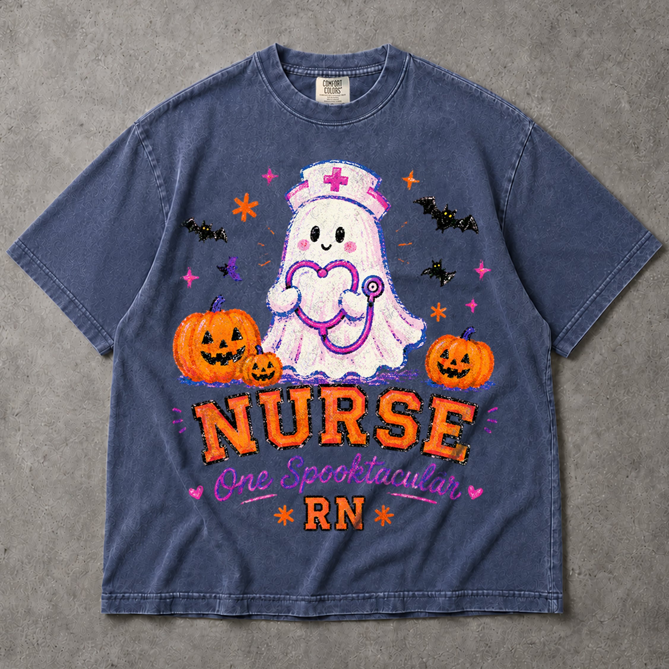 SF_COLOR=sport-grey|denim; SF_ITEM=adult-t-shirt; SF_ROLE=main; Spooktacular Nurse RN T-Shirt Cute Ghost Stethoscope Pumpkins Halloween Tee - Sport Grey, Denim Adult T-Shirt product image