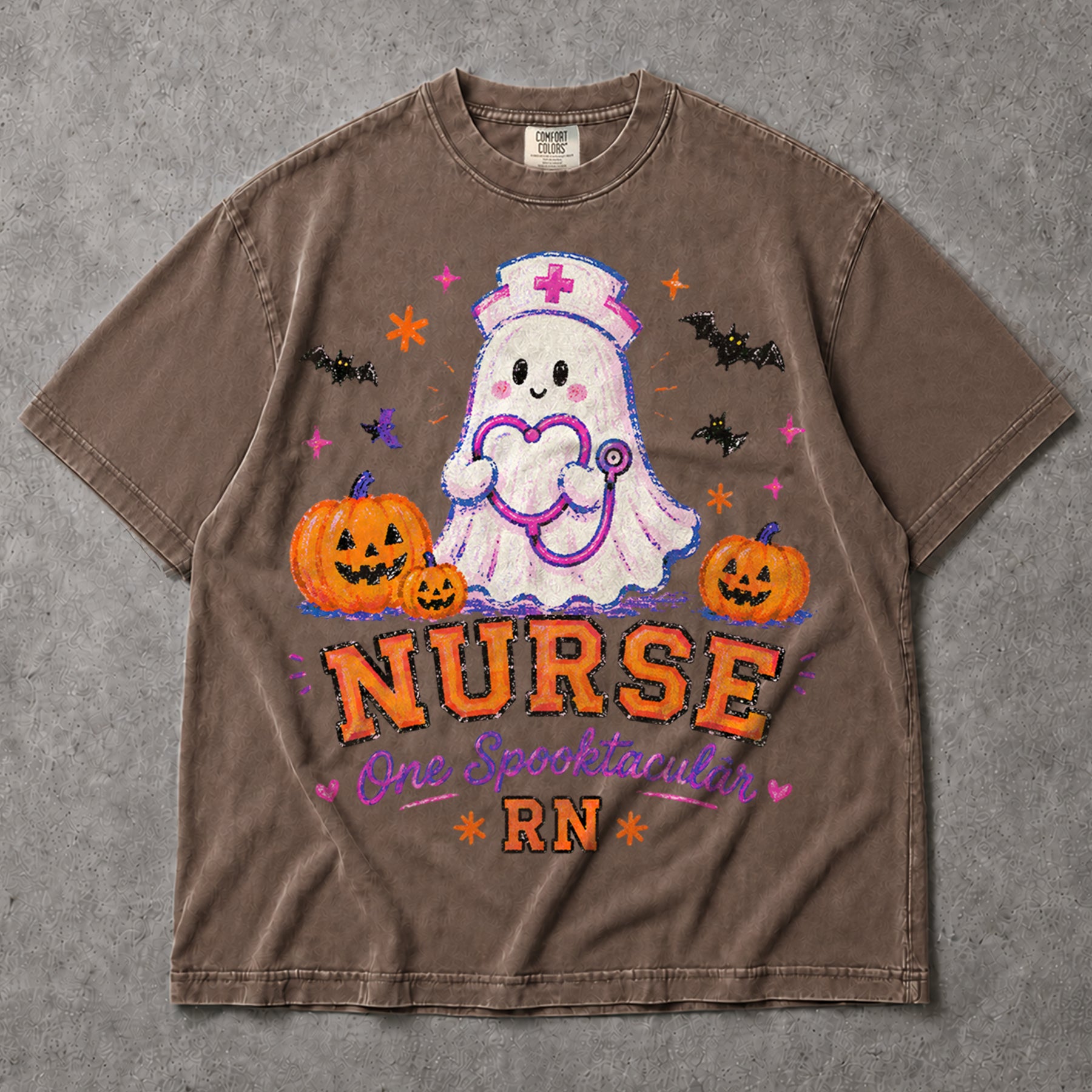 SF_COLOR=sport-grey|espresso; SF_ITEM=adult-t-shirt; SF_ROLE=main; Spooktacular Nurse RN T-Shirt Cute Ghost Stethoscope Pumpkins Halloween Tee - Sport Grey, Espresso Adult T-Shirt product image