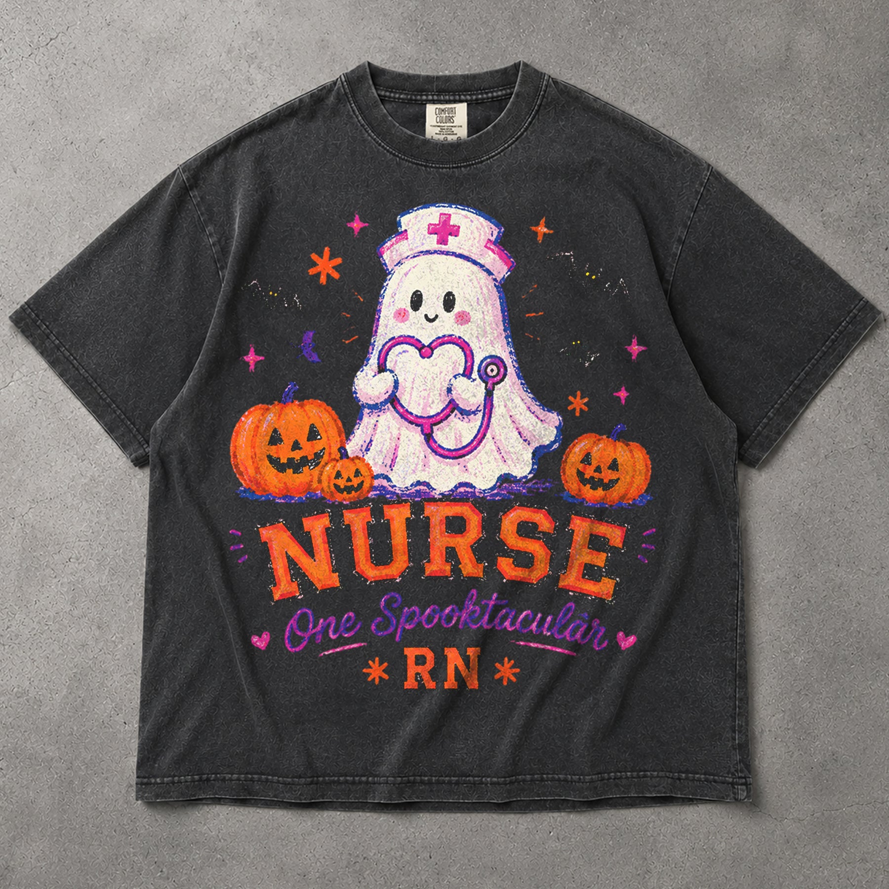 SF_COLOR=graphite; SF_ITEM=adult-t-shirt; SF_ROLE=main; Spooktacular Nurse RN T-Shirt Cute Ghost Stethoscope Pumpkins Halloween Tee - Graphite Adult T-Shirt product image