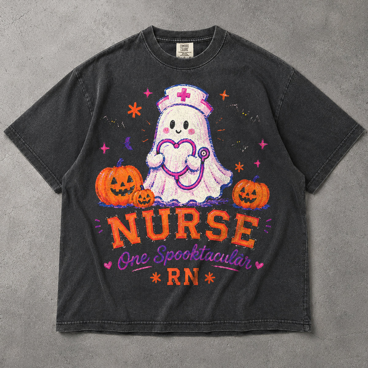 SF_COLOR=graphite; SF_ITEM=adult-t-shirt; SF_ROLE=main; Spooktacular Nurse RN T-Shirt Cute Ghost Stethoscope Pumpkins Halloween Tee - Graphite Adult T-Shirt product image