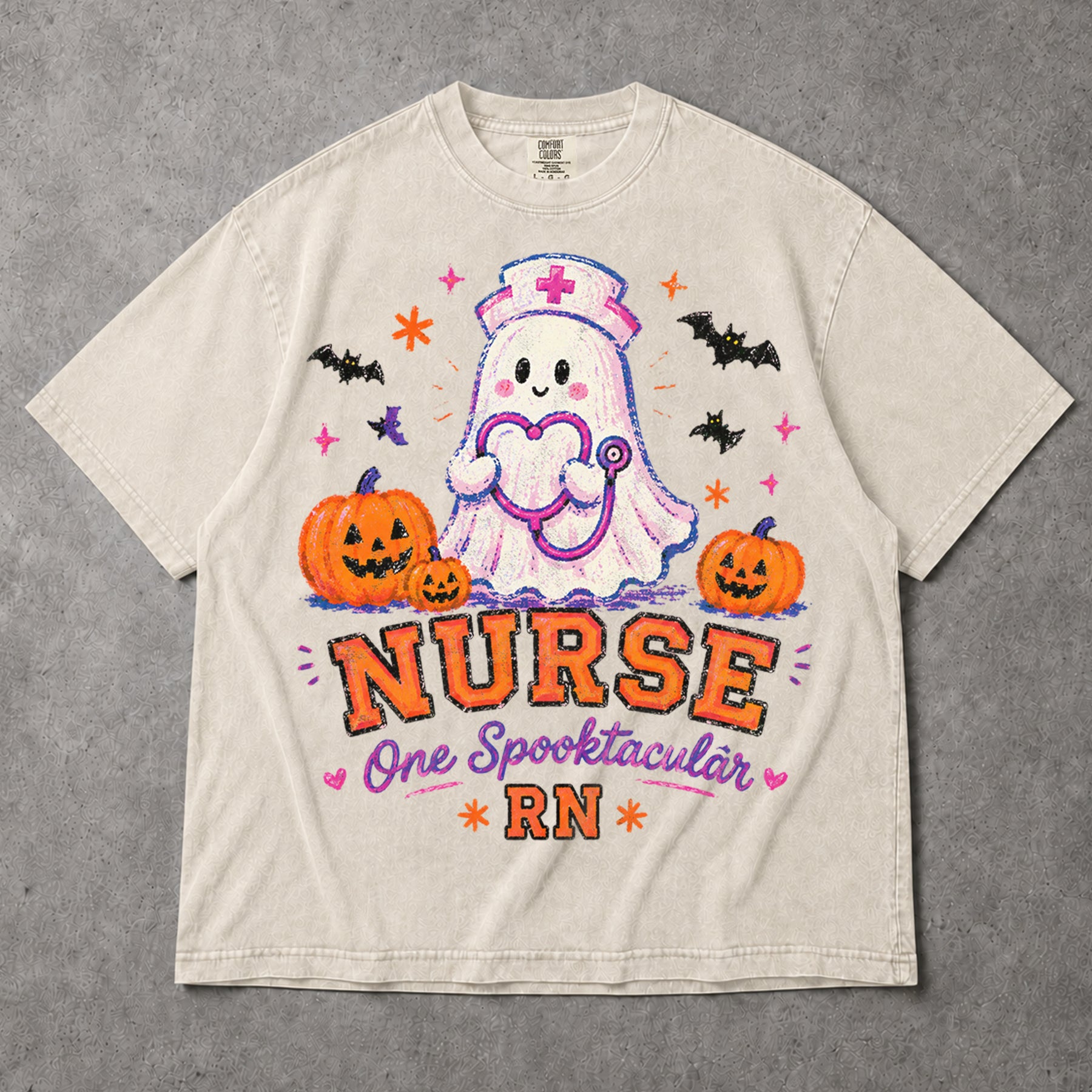 SF_COLOR=ivory; SF_ITEM=adult-t-shirt; SF_ROLE=gallery; Spooktacular Nurse RN T-Shirt Cute Ghost Stethoscope Pumpkins Halloween Tee - Ivory Adult T-Shirt product image