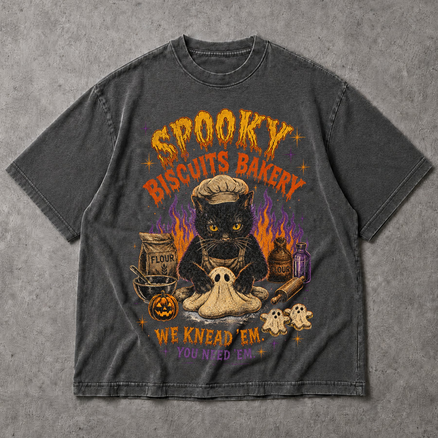 SF_COLOR=black|dark-heather; SF_ITEM=adult-t-shirt; SF_ROLE=main; Spooky Biscuits Bakery Cat T-Shirt Halloween Ghost Dough Apparel - Black, Dark Heather Adult T-Shirt product image