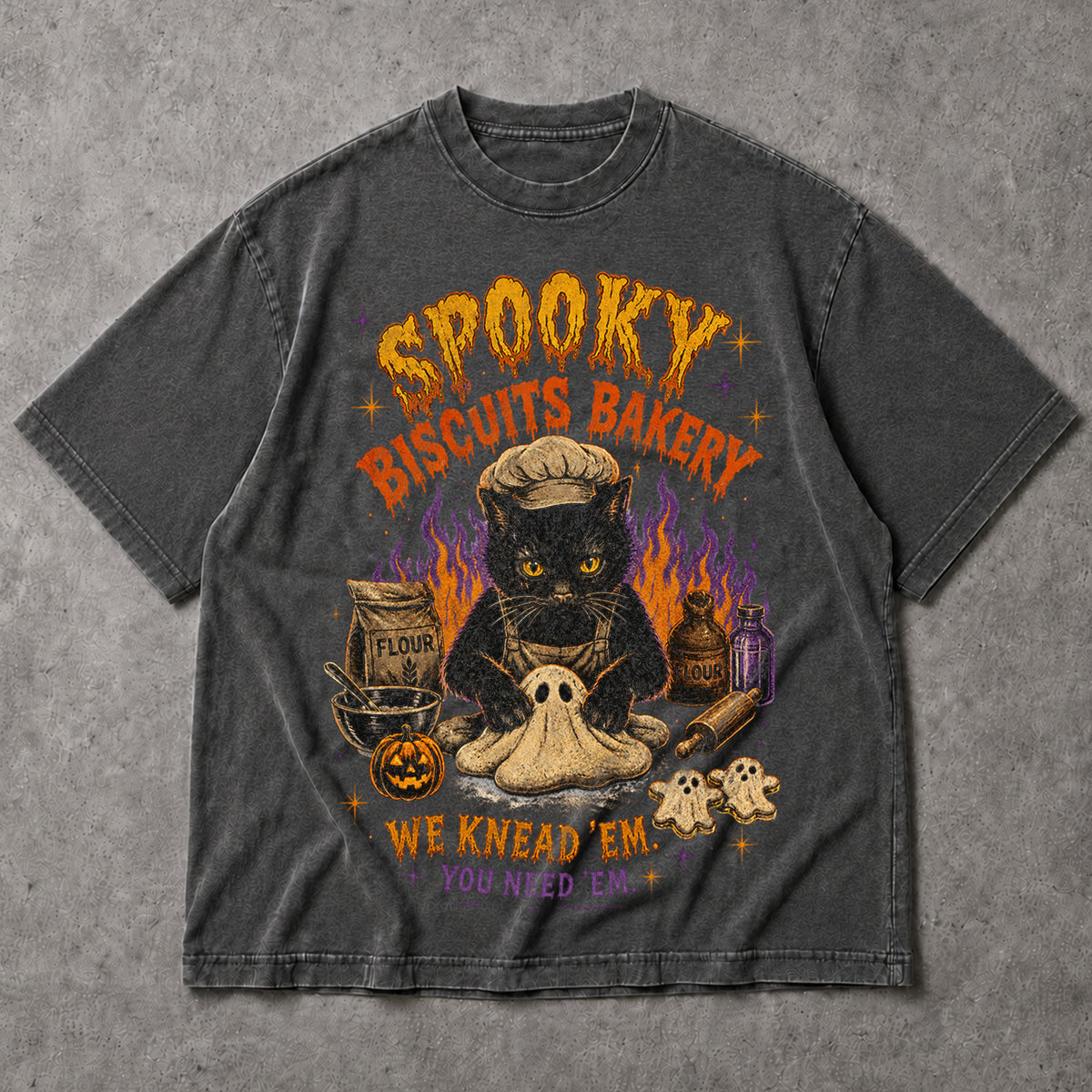 SF_COLOR=black|dark-heather; SF_ITEM=adult-t-shirt; SF_ROLE=main; Spooky Biscuits Bakery Cat T-Shirt Halloween Ghost Dough Apparel - Black, Dark Heather Adult T-Shirt product image