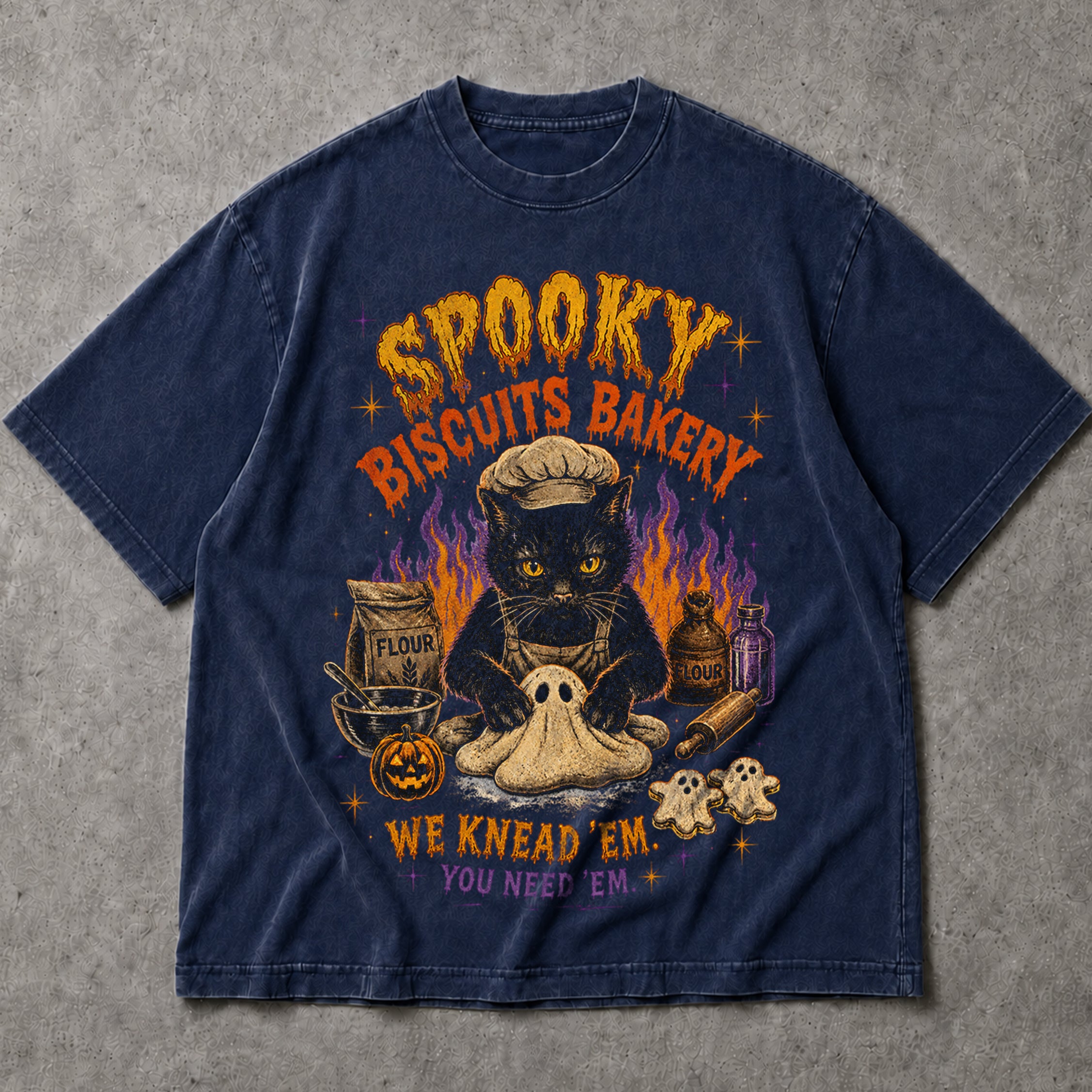 SF_COLOR=black|navy; SF_ITEM=adult-t-shirt; SF_ROLE=main; Spooky Biscuits Bakery Cat T-Shirt Halloween Ghost Dough Apparel - Black, Navy Adult T-Shirt product image