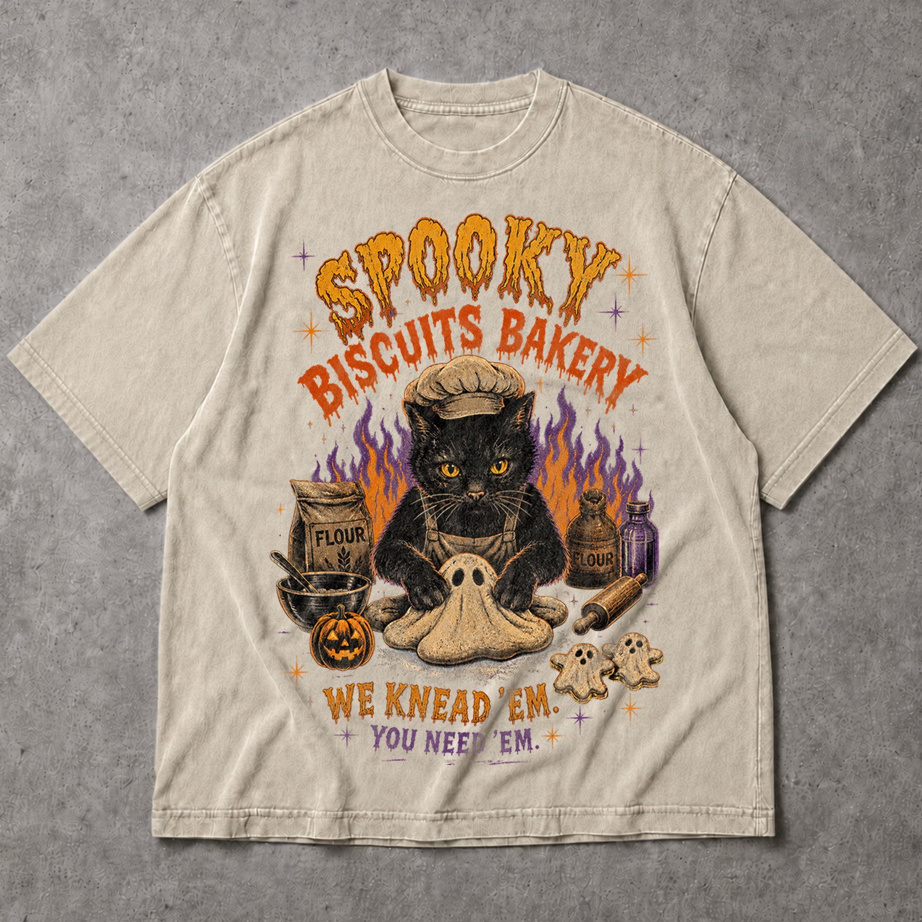 SF_COLOR=black|sand; SF_ITEM=adult-t-shirt; SF_ROLE=main; Spooky Biscuits Bakery Cat T-Shirt Halloween Ghost Dough Apparel - Black, Sand Adult T-Shirt product image