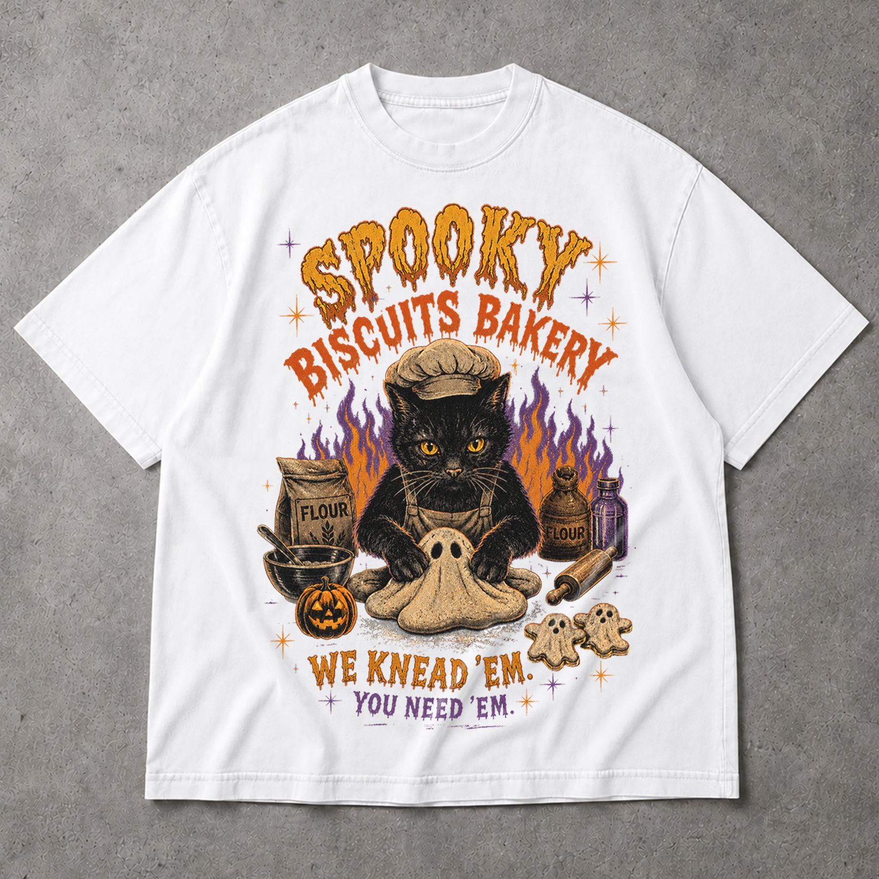 SF_COLOR=black|white; SF_ITEM=adult-t-shirt; SF_ROLE=main; Spooky Biscuits Bakery Cat T-Shirt Halloween Ghost Dough Apparel - Black, White Adult T-Shirt product image