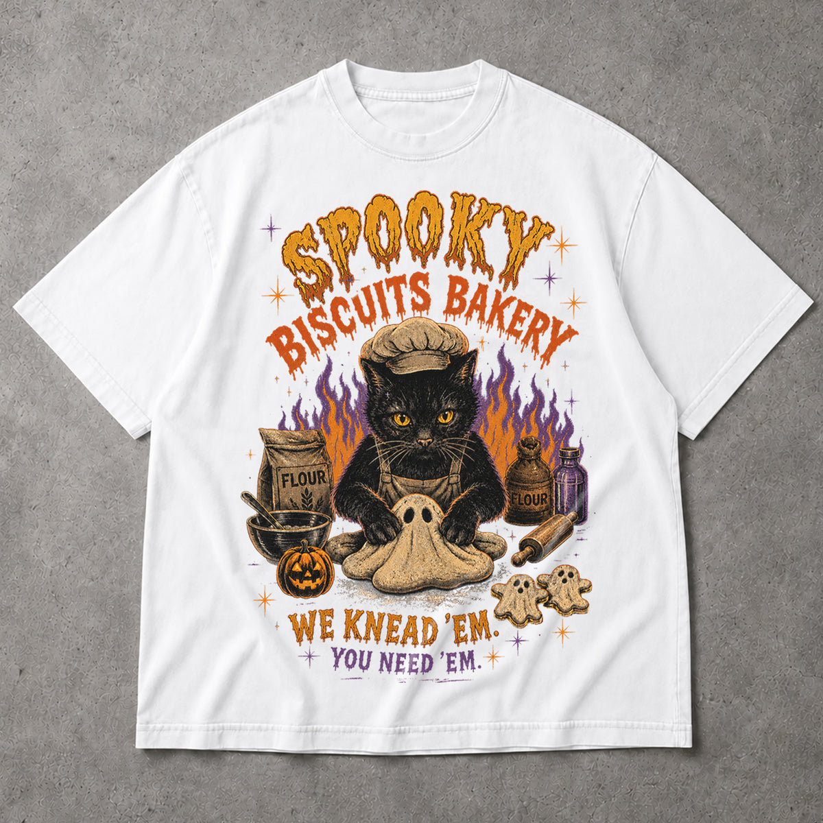 SF_COLOR=black|white; SF_ITEM=adult-t-shirt; SF_ROLE=main; Spooky Biscuits Bakery Cat T-Shirt Halloween Ghost Dough Apparel - Black, White Adult T-Shirt product image