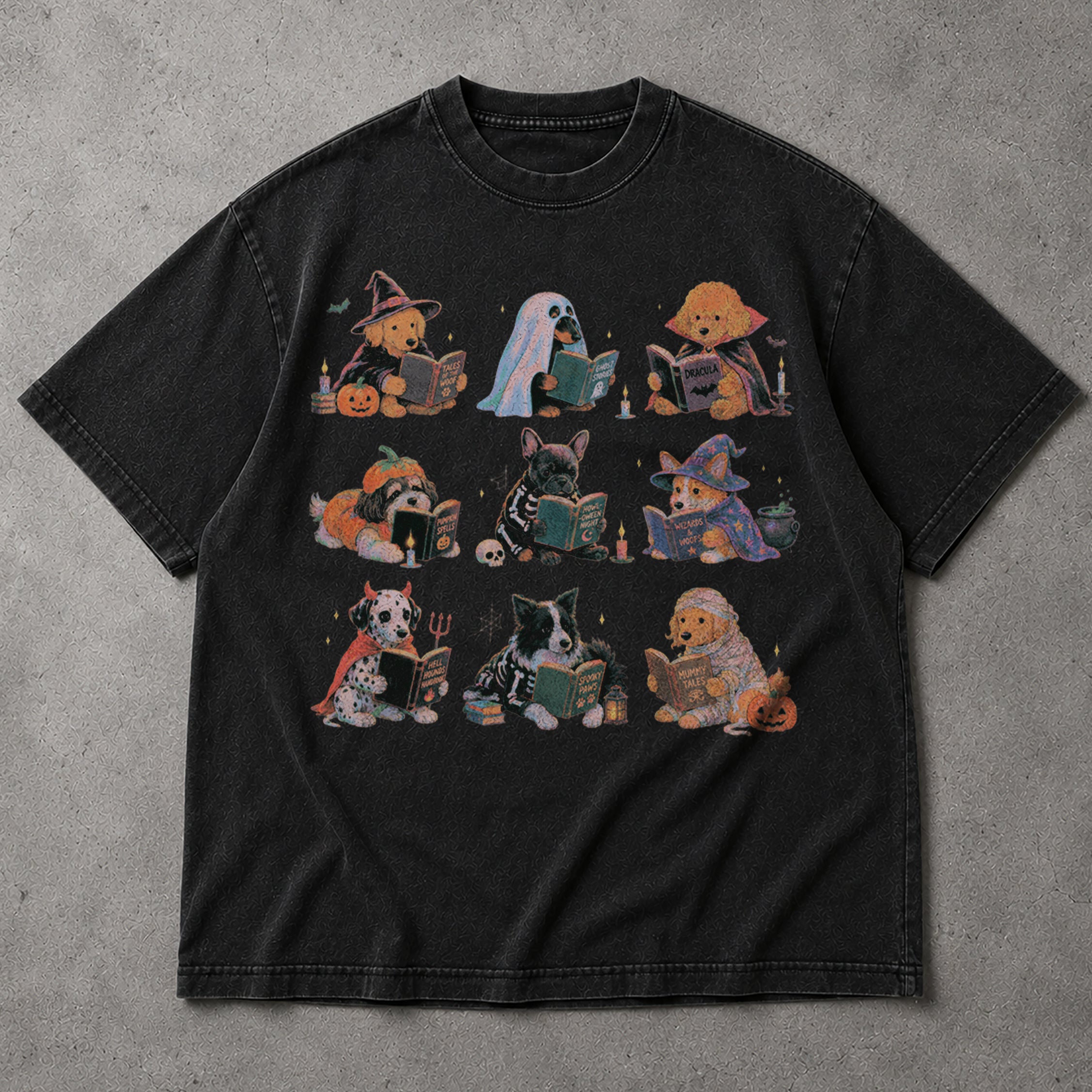 SF_COLOR=black; SF_ITEM=adult-t-shirt; SF_ROLE=main; Spooky Dogs Reading Books T-Shirt Halloween Puppy Costumes Bookworm Fall Apparel - Black Adult T-Shirt product image