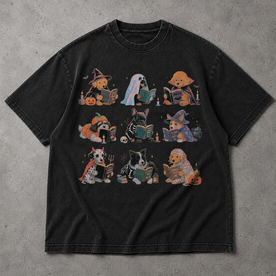 Spooky Dogs Reading Books T-Shirt Halloween Puppy Costumes Bookworm Fall Apparel