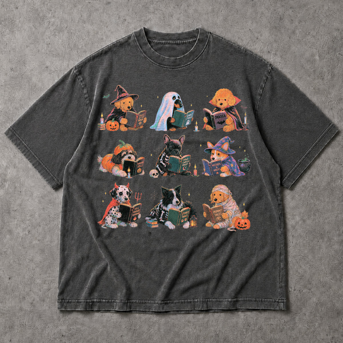 SF_COLOR=dark-heather; SF_ITEM=adult-t-shirt; SF_ROLE=main; Spooky Dogs Reading Books T-Shirt Halloween Puppy Costumes Bookworm Fall Apparel - Dark Heather Adult T-Shirt product image