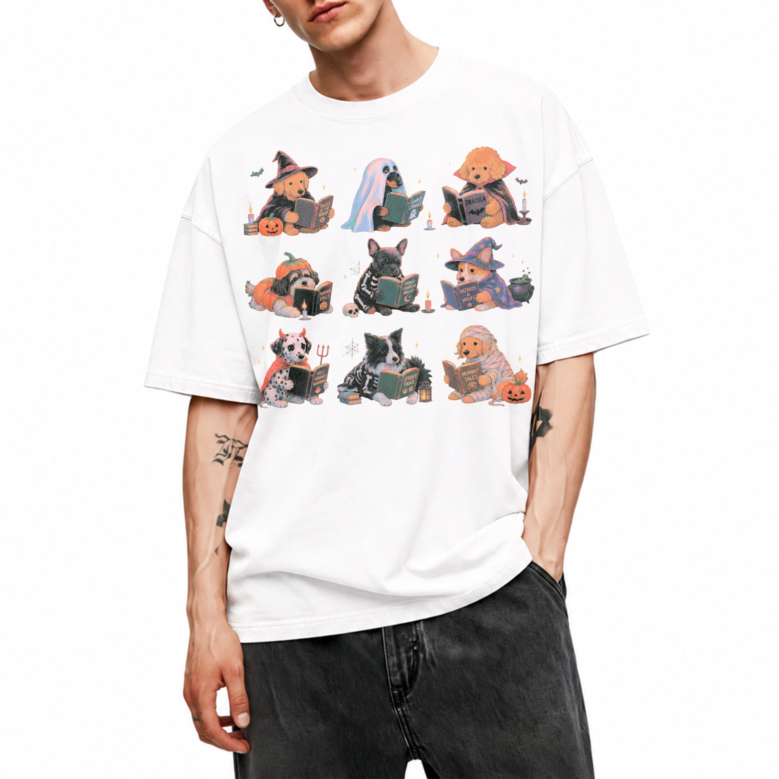 SF_COLOR=white; SF_ITEM=adult-t-shirt; SF_ROLE=gallery; Spooky Dogs Reading Books T-Shirt Halloween Puppy Costumes Bookworm Fall Apparel - White Adult T-Shirt product image