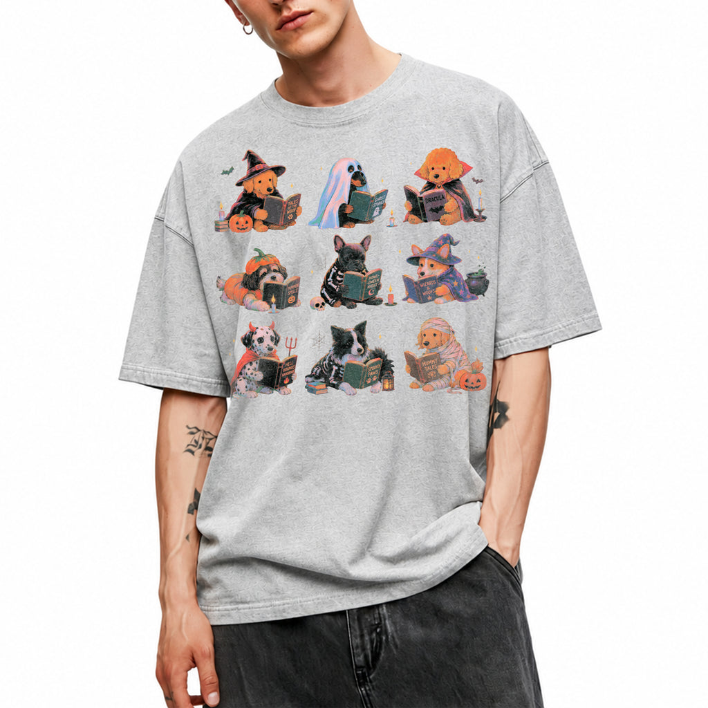 SF_COLOR=sport-grey; SF_ITEM=adult-t-shirt; SF_ROLE=gallery; Spooky Dogs Reading Books T-Shirt Halloween Puppy Costumes Bookworm Fall Apparel - Sport Grey Adult T-Shirt product image
