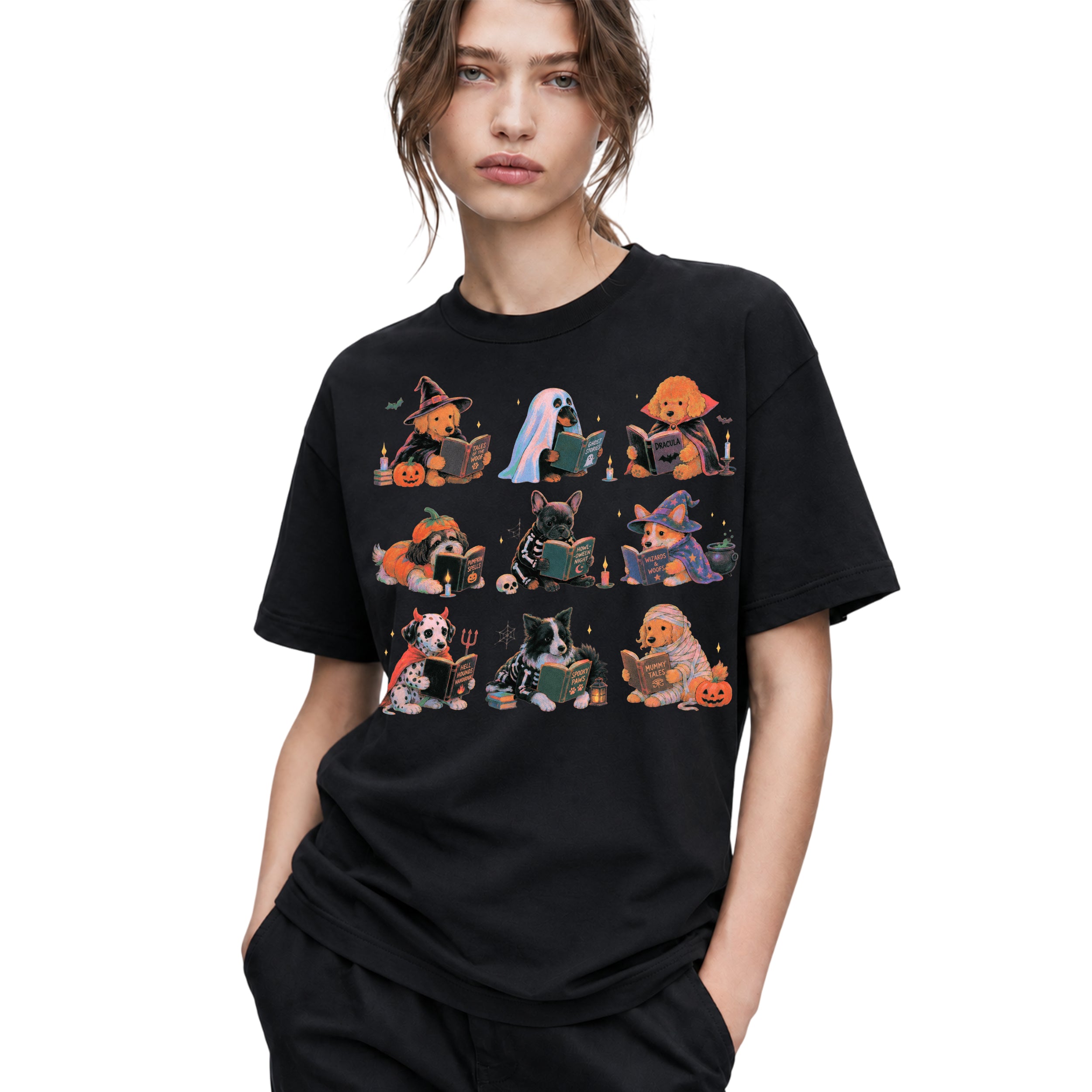 SF_COLOR=black; SF_ITEM=adult-t-shirt; SF_ROLE=gallery; Spooky Dogs Reading Books T-Shirt Halloween Puppy Costumes Bookworm Fall Apparel - Black Adult T-Shirt product image
