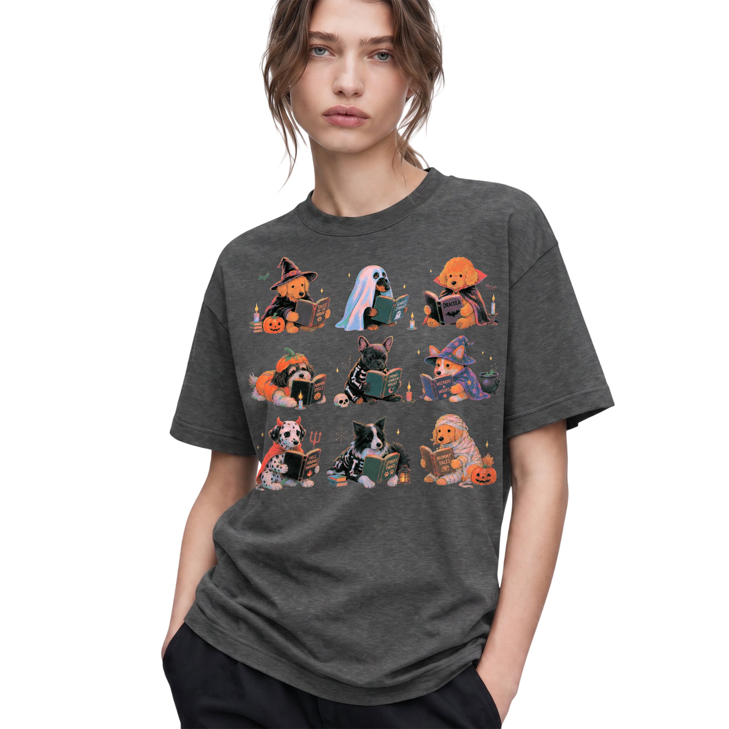 SF_COLOR=dark-heather; SF_ITEM=adult-t-shirt; SF_ROLE=gallery; Spooky Dogs Reading Books T-Shirt Halloween Puppy Costumes Bookworm Fall Apparel - Dark Heather Adult T-Shirt product image