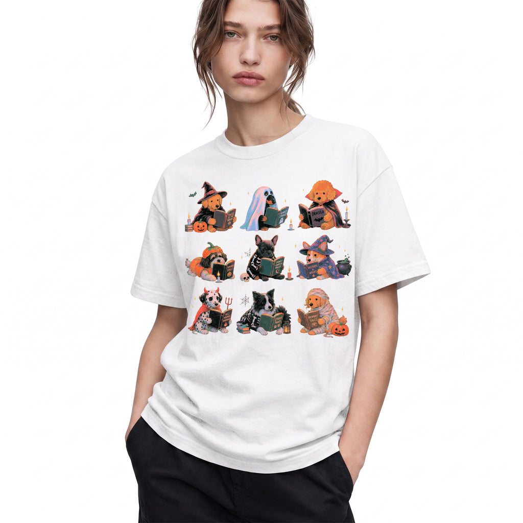 SF_COLOR=white; SF_ITEM=adult-t-shirt; SF_ROLE=gallery; Spooky Dogs Reading Books T-Shirt Halloween Puppy Costumes Bookworm Fall Apparel - White Adult T-Shirt product image