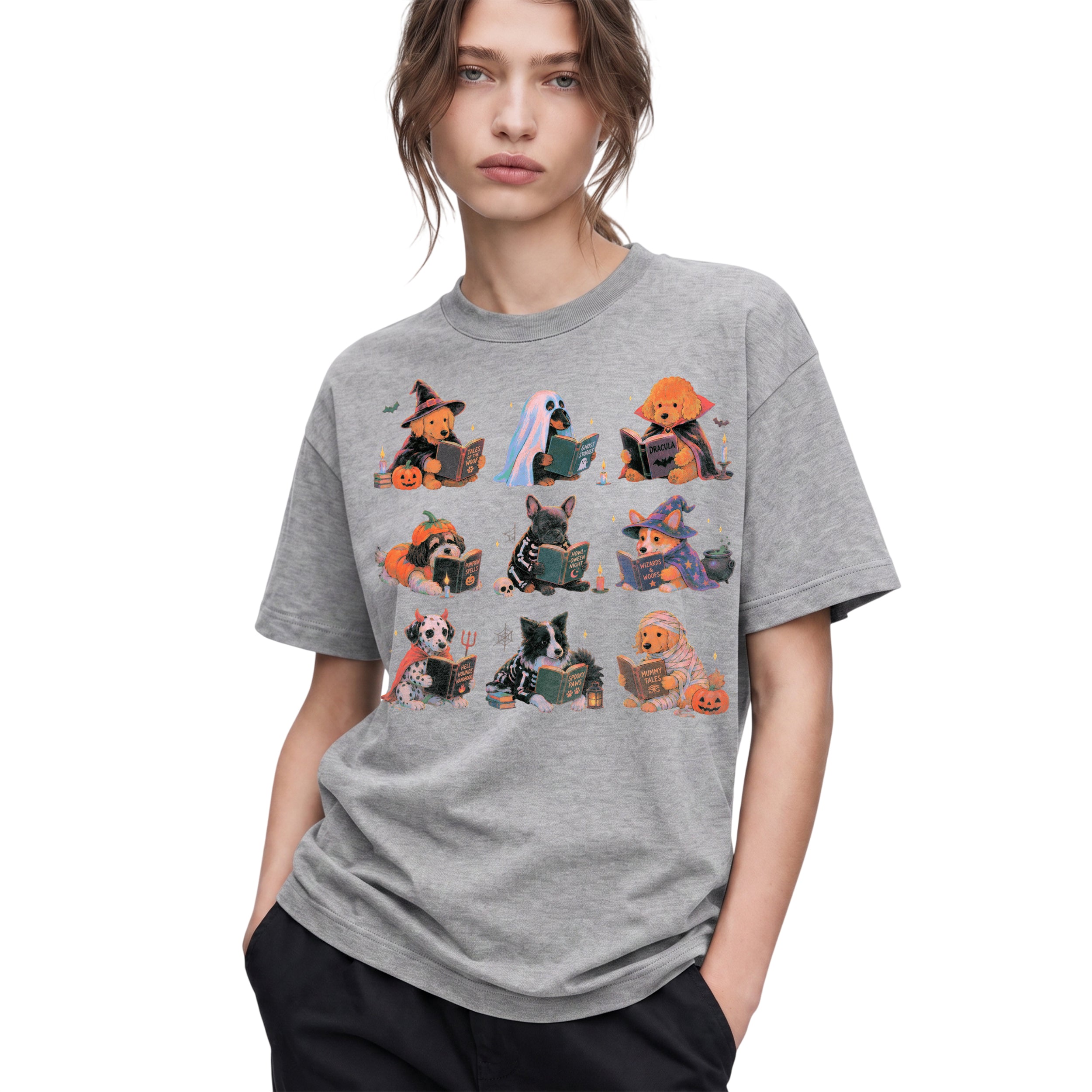 SF_COLOR=sport-grey; SF_ITEM=adult-t-shirt; SF_ROLE=gallery; Spooky Dogs Reading Books T-Shirt Halloween Puppy Costumes Bookworm Fall Apparel - Sport Grey Adult T-Shirt product image