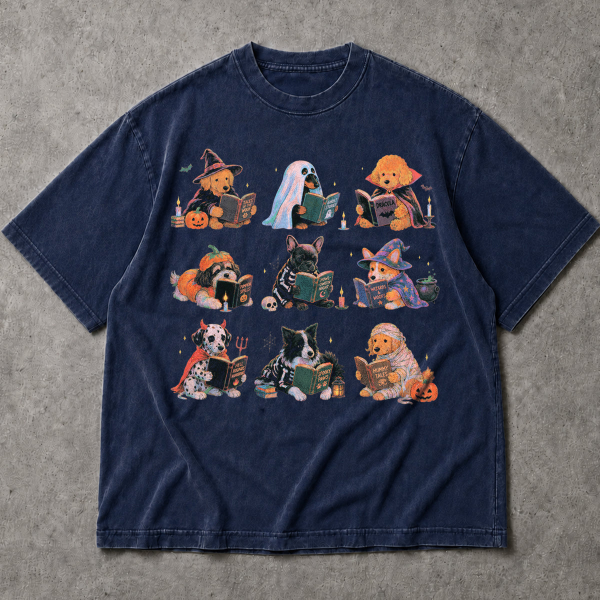 SF_COLOR=navy; SF_ITEM=adult-t-shirt; SF_ROLE=main; Spooky Dogs Reading Books T-Shirt Halloween Puppy Costumes Bookworm Fall Apparel - Navy Adult T-Shirt product image