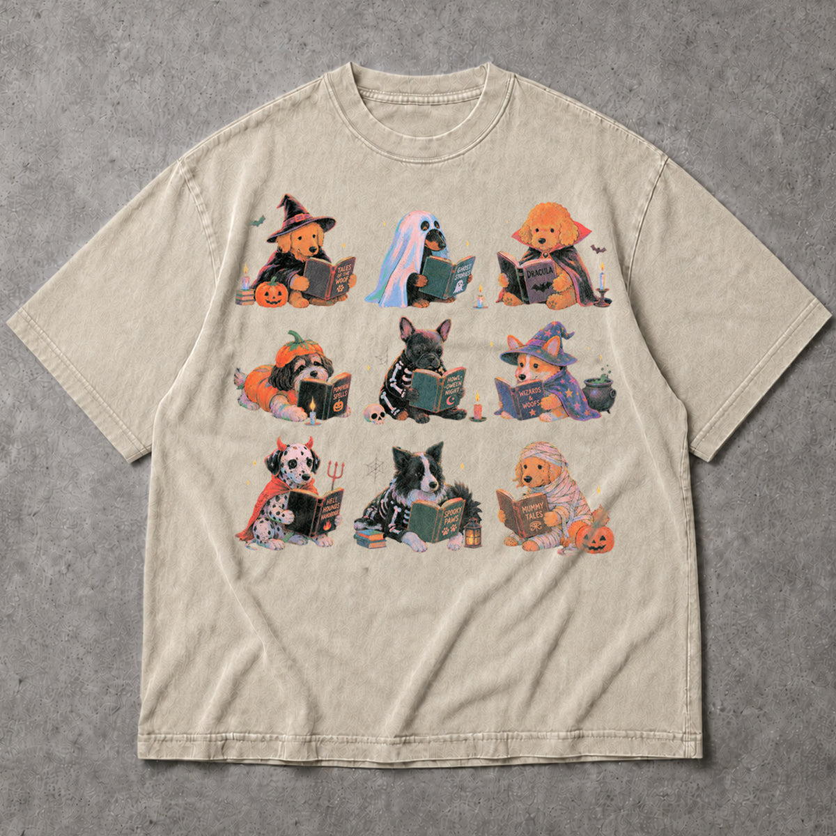 SF_COLOR=sand; SF_ITEM=adult-t-shirt; SF_ROLE=main; Spooky Dogs Reading Books T-Shirt Halloween Puppy Costumes Bookworm Fall Apparel - Sand Adult T-Shirt product image