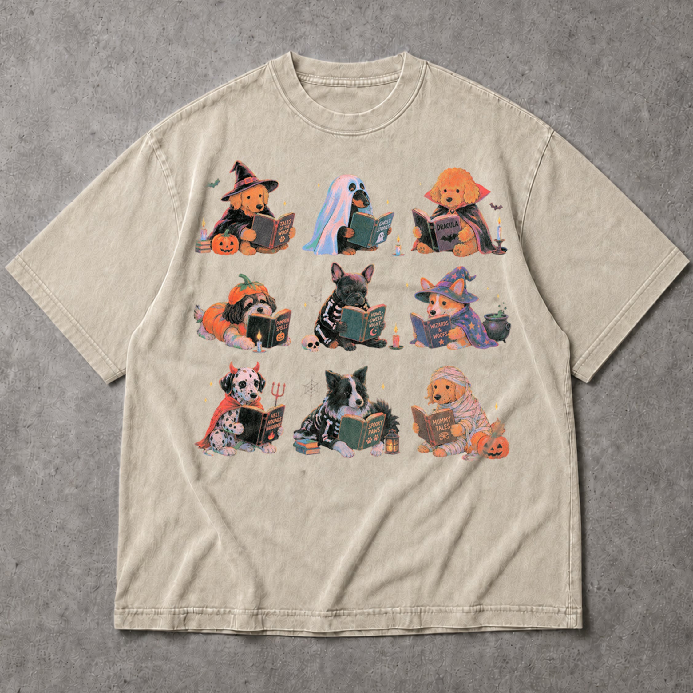 SF_COLOR=sand; SF_ITEM=adult-t-shirt; SF_ROLE=main; Spooky Dogs Reading Books T-Shirt Halloween Puppy Costumes Bookworm Fall Apparel - Sand Adult T-Shirt product image