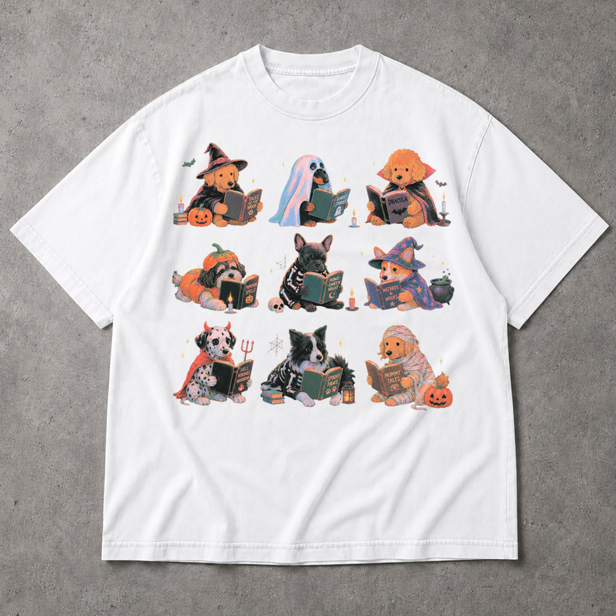 SF_COLOR=white; SF_ITEM=adult-t-shirt; SF_ROLE=main; Spooky Dogs Reading Books T-Shirt Halloween Puppy Costumes Bookworm Fall Apparel - White Adult T-Shirt product image