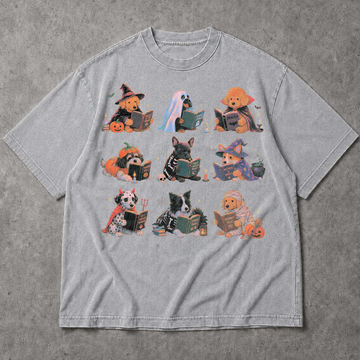 SF_COLOR=sport-grey; SF_ITEM=adult-t-shirt; SF_ROLE=main; Spooky Dogs Reading Books T-Shirt Halloween Puppy Costumes Bookworm Fall Apparel - Sport Grey Adult T-Shirt product image