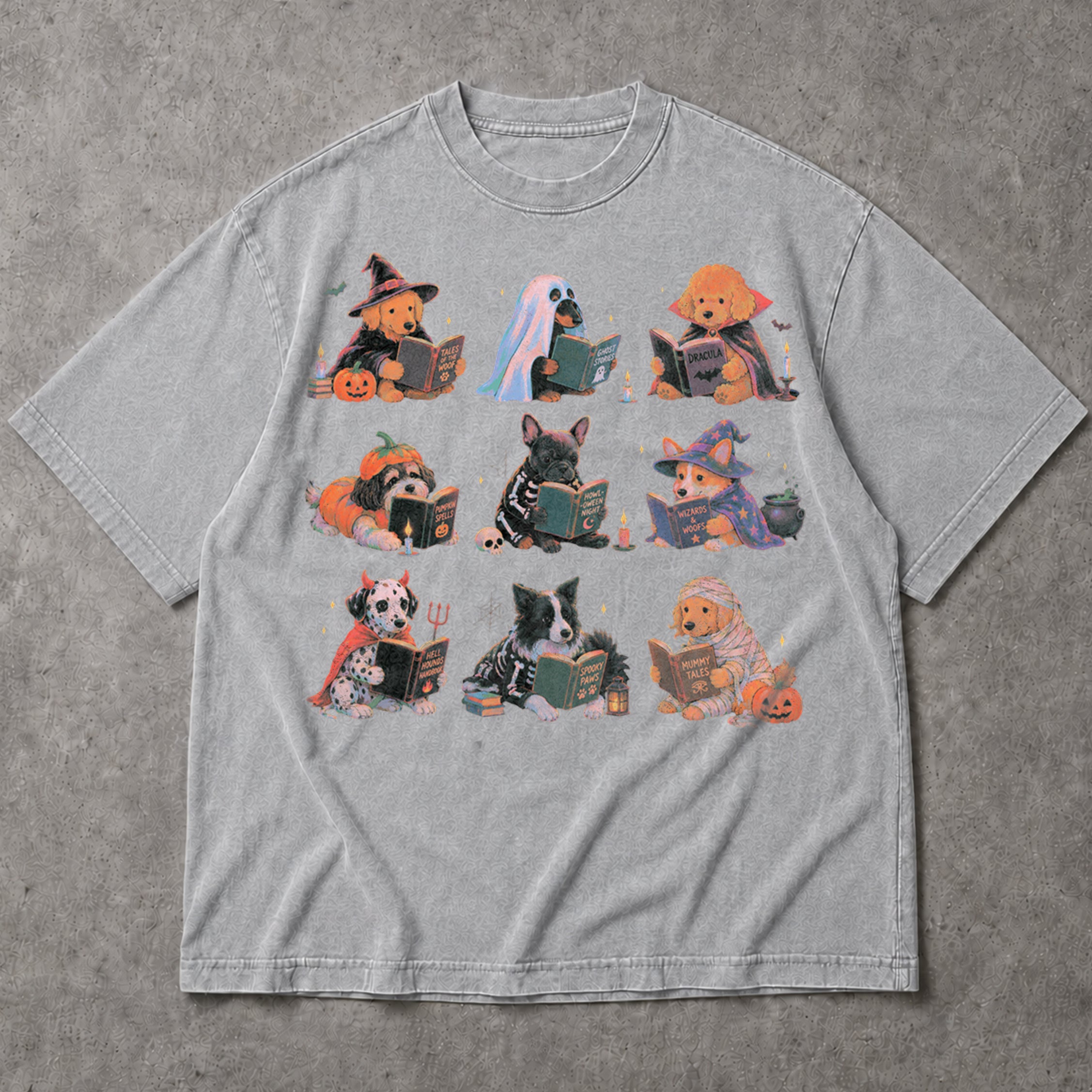 SF_COLOR=sport-grey; SF_ITEM=adult-t-shirt; SF_ROLE=main; Spooky Dogs Reading Books T-Shirt Halloween Puppy Costumes Bookworm Fall Apparel - Sport Grey Adult T-Shirt product image