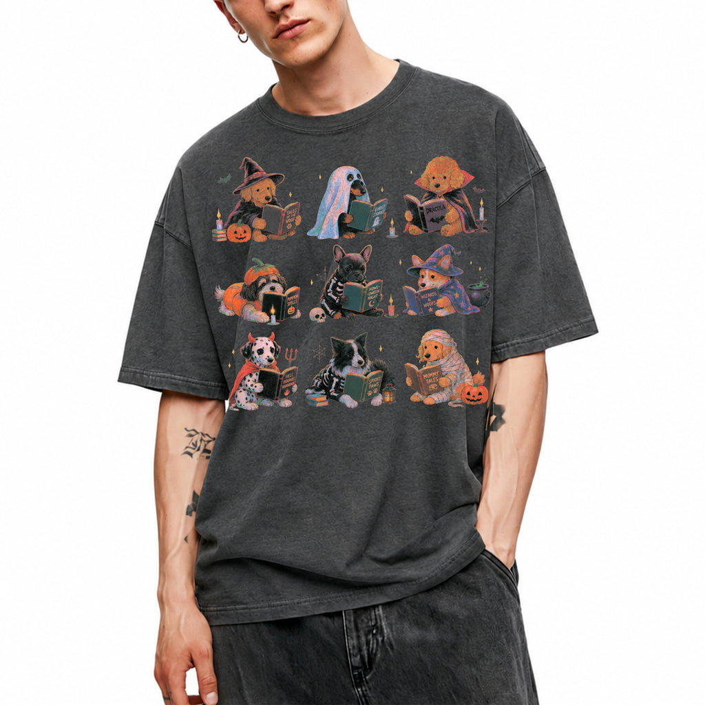 SF_COLOR=dark-heather; SF_ITEM=adult-t-shirt; SF_ROLE=gallery; Spooky Dogs Reading Books T-Shirt Halloween Puppy Costumes Bookworm Fall Apparel - Dark Heather Adult T-Shirt product image