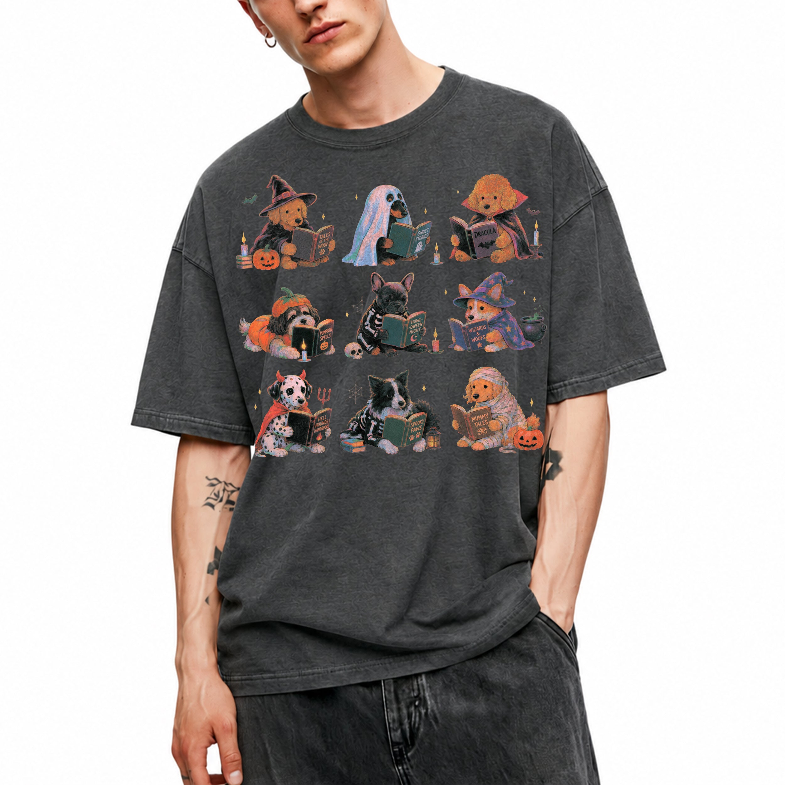SF_COLOR=dark-heather; SF_ITEM=adult-t-shirt; SF_ROLE=gallery; Spooky Dogs Reading Books T-Shirt Halloween Puppy Costumes Bookworm Fall Apparel - Dark Heather Adult T-Shirt product image