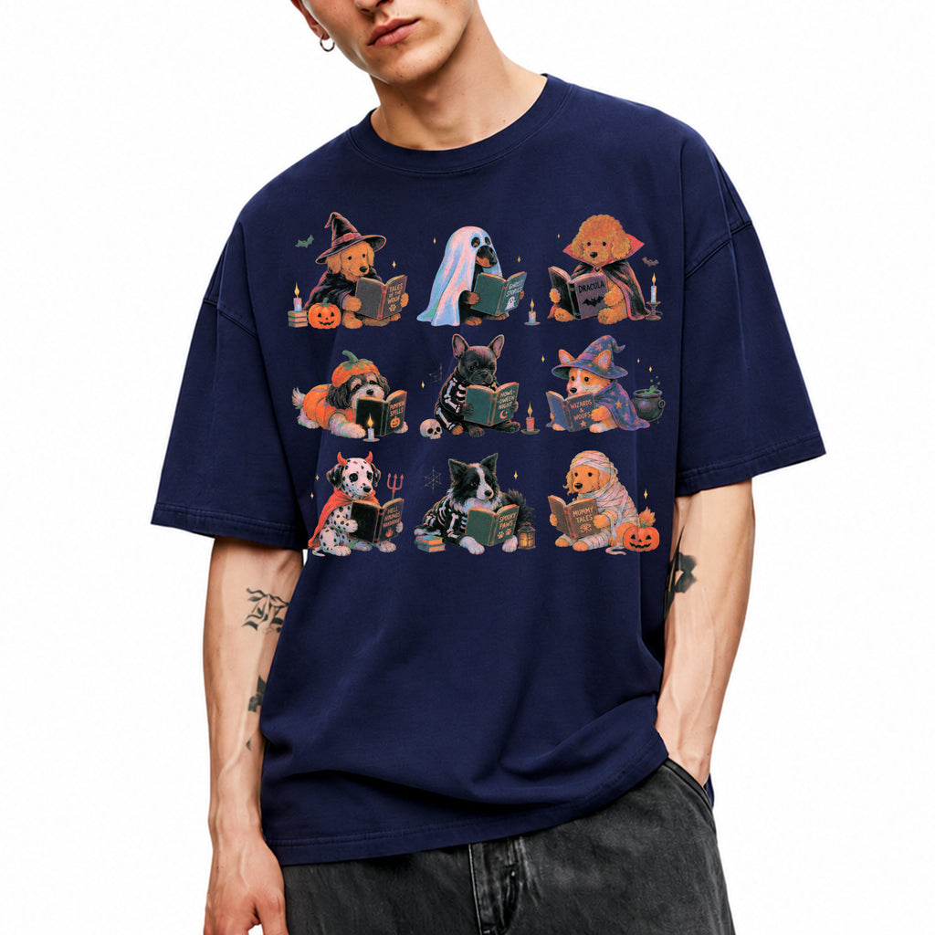 SF_COLOR=navy; SF_ITEM=adult-t-shirt; SF_ROLE=gallery; Spooky Dogs Reading Books T-Shirt Halloween Puppy Costumes Bookworm Fall Apparel - Navy Adult T-Shirt product image