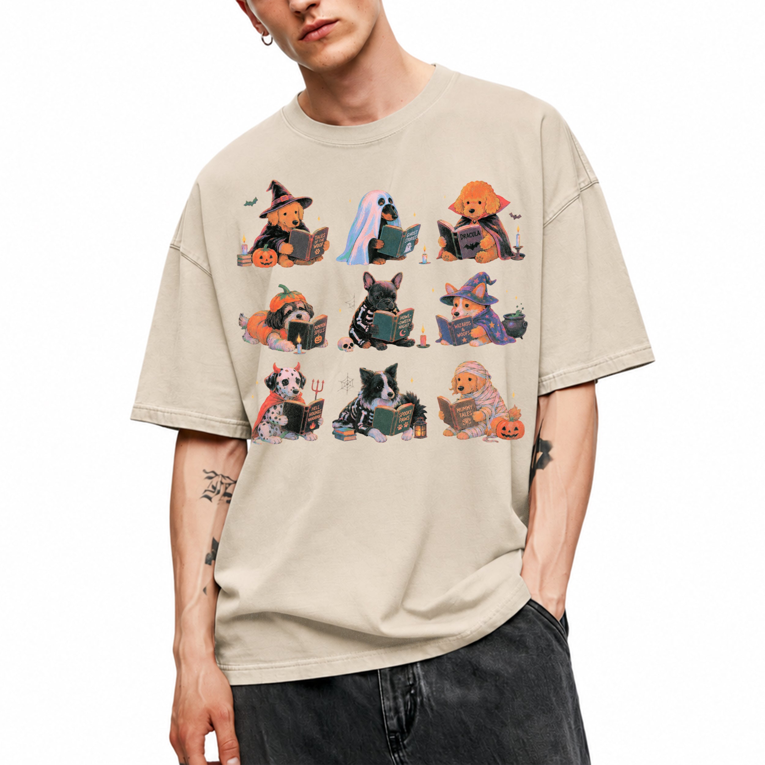 SF_COLOR=sand; SF_ITEM=adult-t-shirt; SF_ROLE=gallery; Spooky Dogs Reading Books T-Shirt Halloween Puppy Costumes Bookworm Fall Apparel - Sand Adult T-Shirt product image
