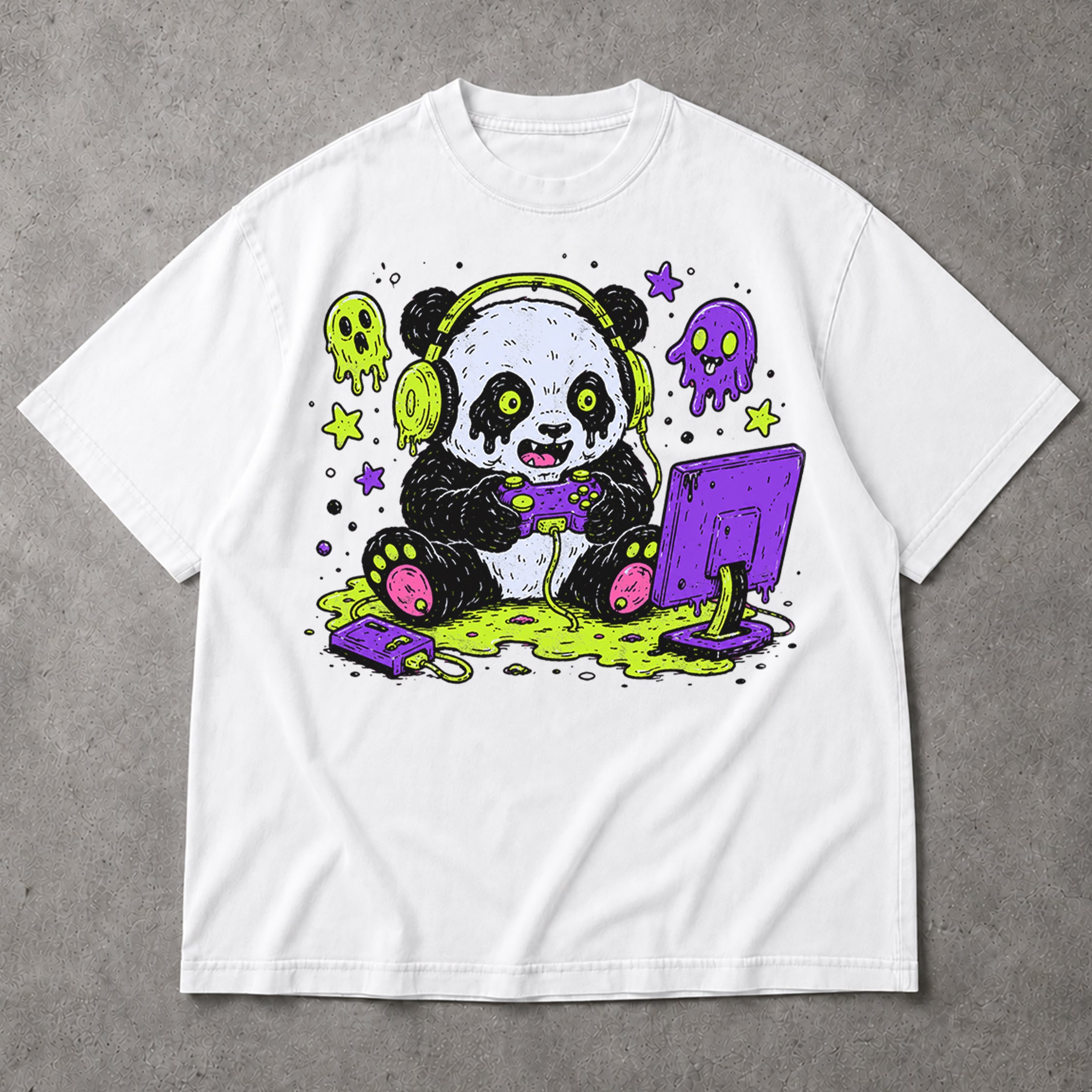SF_COLOR=white; SF_ITEM=adult-t-shirt; SF_ROLE=main; Spooky Gamer Panda T-Shirt Halloween Video Games Controller Slime Anime Tee - White Adult T-Shirt product image