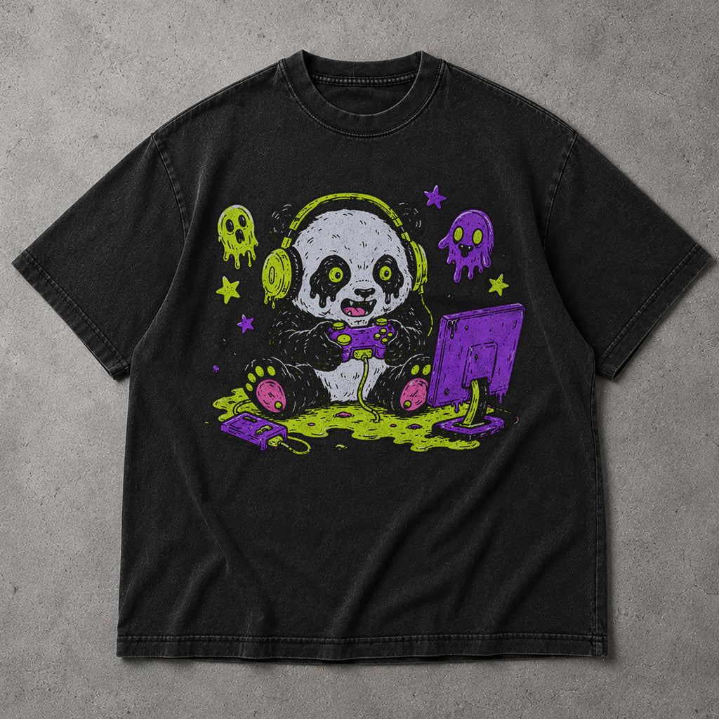 SF_COLOR=black; SF_ITEM=adult-t-shirt; SF_ROLE=main; Spooky Gamer Panda T-Shirt Halloween Video Games Controller Slime Anime Tee - Black Adult T-Shirt product image