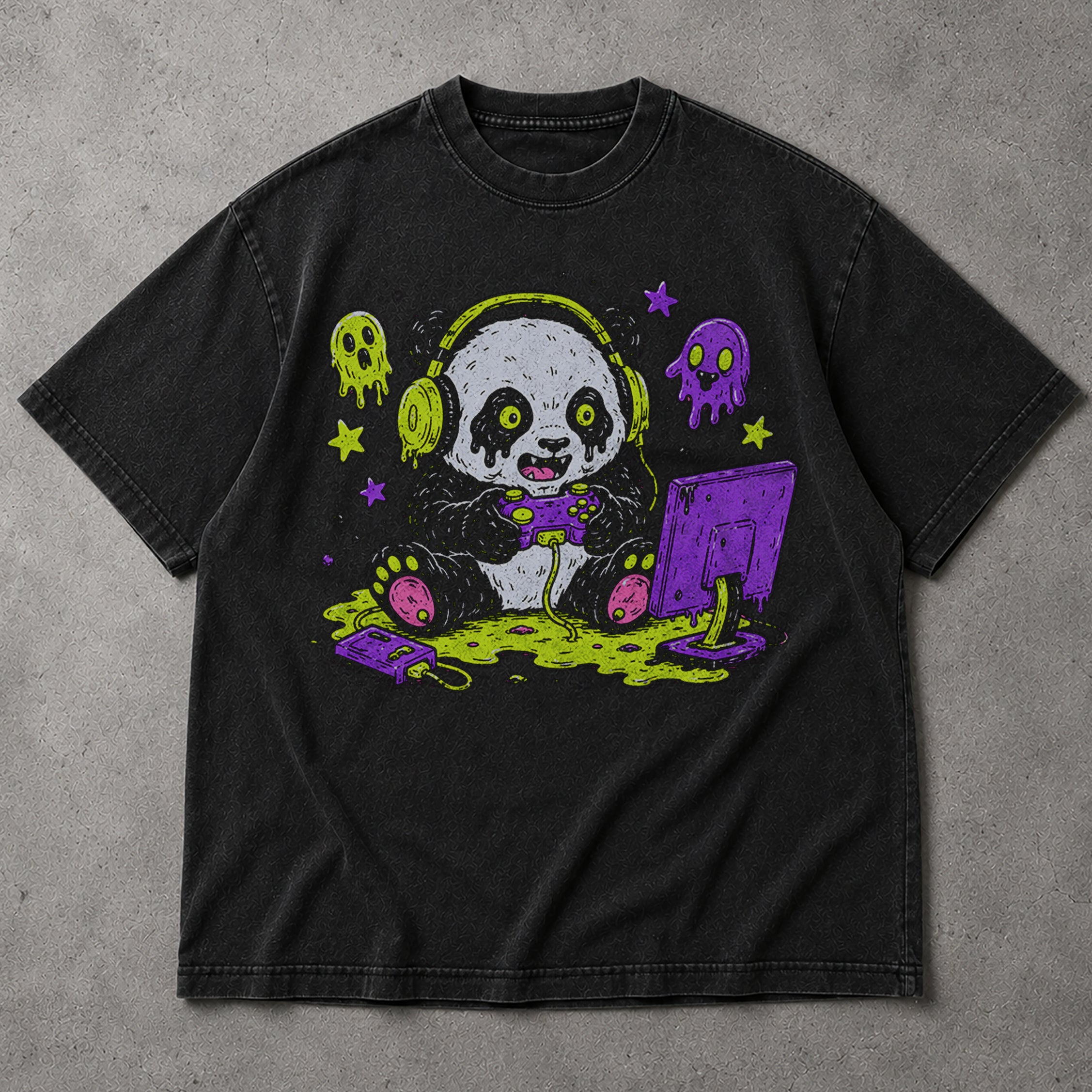 SF_COLOR=black; SF_ITEM=adult-t-shirt; SF_ROLE=main; Spooky Gamer Panda T-Shirt Halloween Video Games Controller Slime Anime Tee - Black Adult T-Shirt product image