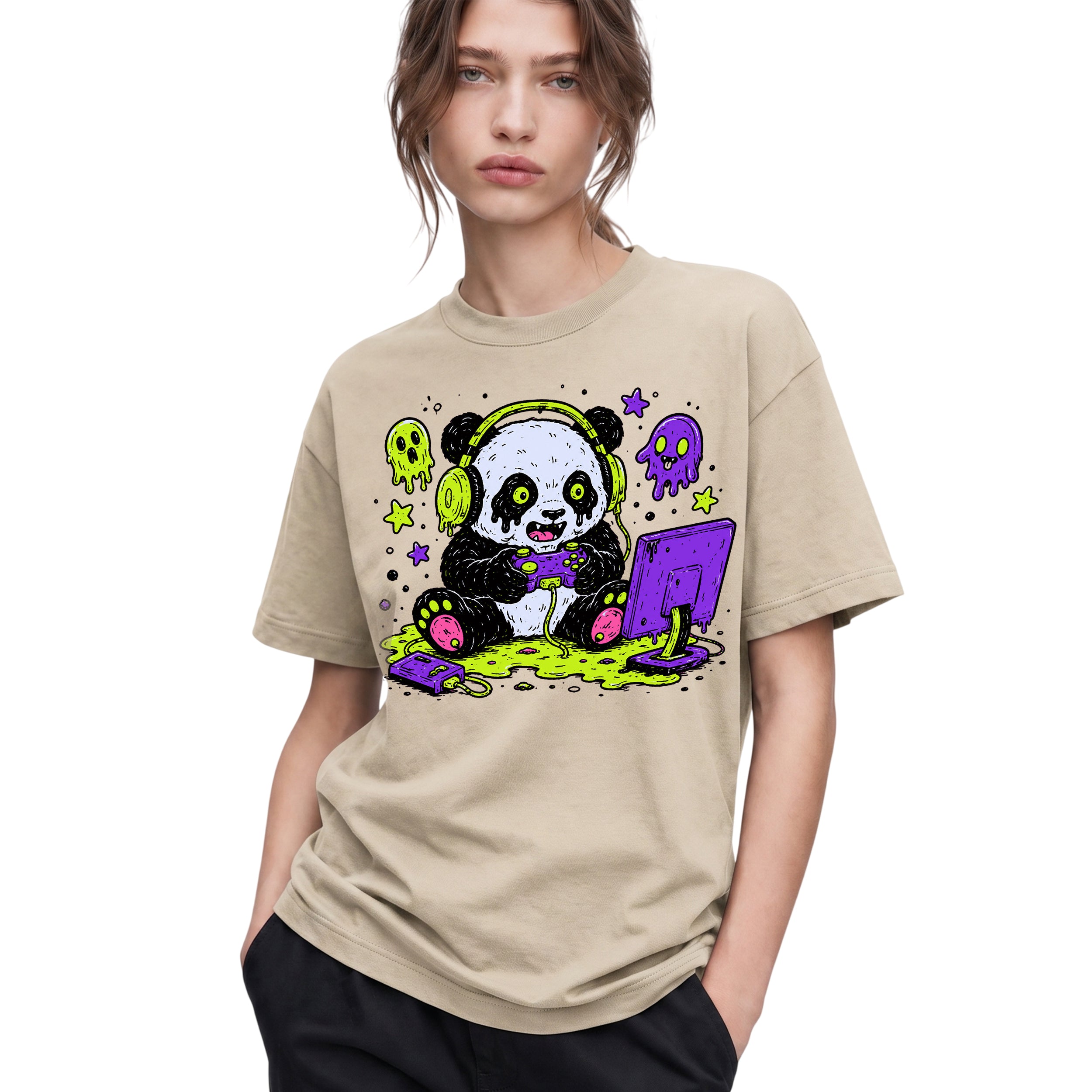 SF_COLOR=sand; SF_ITEM=adult-t-shirt; SF_ROLE=gallery; Spooky Gamer Panda T-Shirt Halloween Video Games Controller Slime Anime Tee - Sand Adult T-Shirt product image