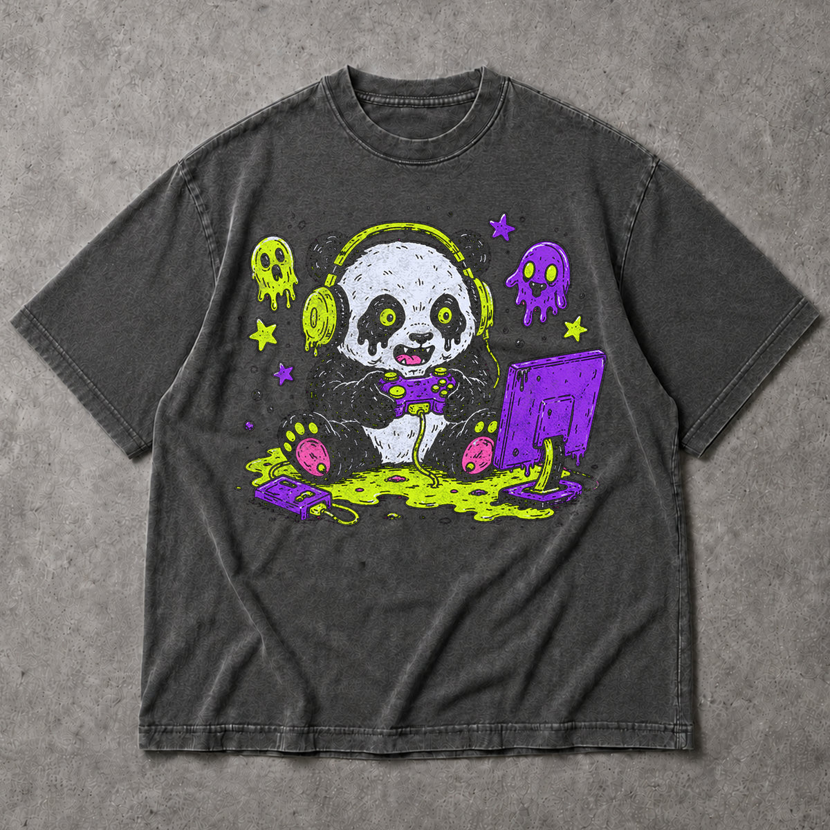 SF_COLOR=dark-heather; SF_ITEM=adult-t-shirt; SF_ROLE=main; Spooky Gamer Panda T-Shirt Halloween Video Games Controller Slime Anime Tee - Dark Heather Adult T-Shirt product image