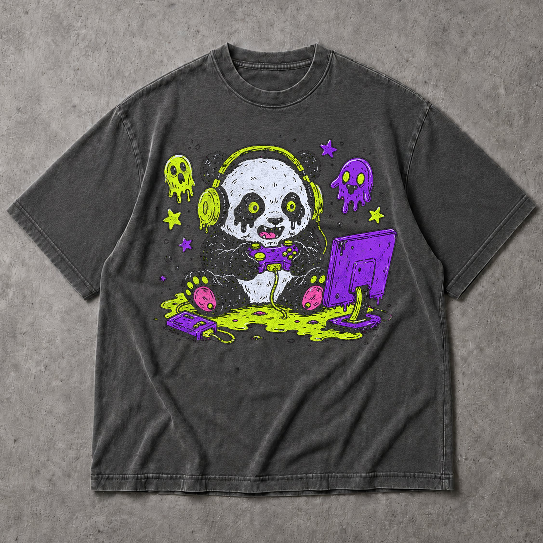 SF_COLOR=dark-heather; SF_ITEM=adult-t-shirt; SF_ROLE=main; Spooky Gamer Panda T-Shirt Halloween Video Games Controller Slime Anime Tee - Dark Heather Adult T-Shirt product image