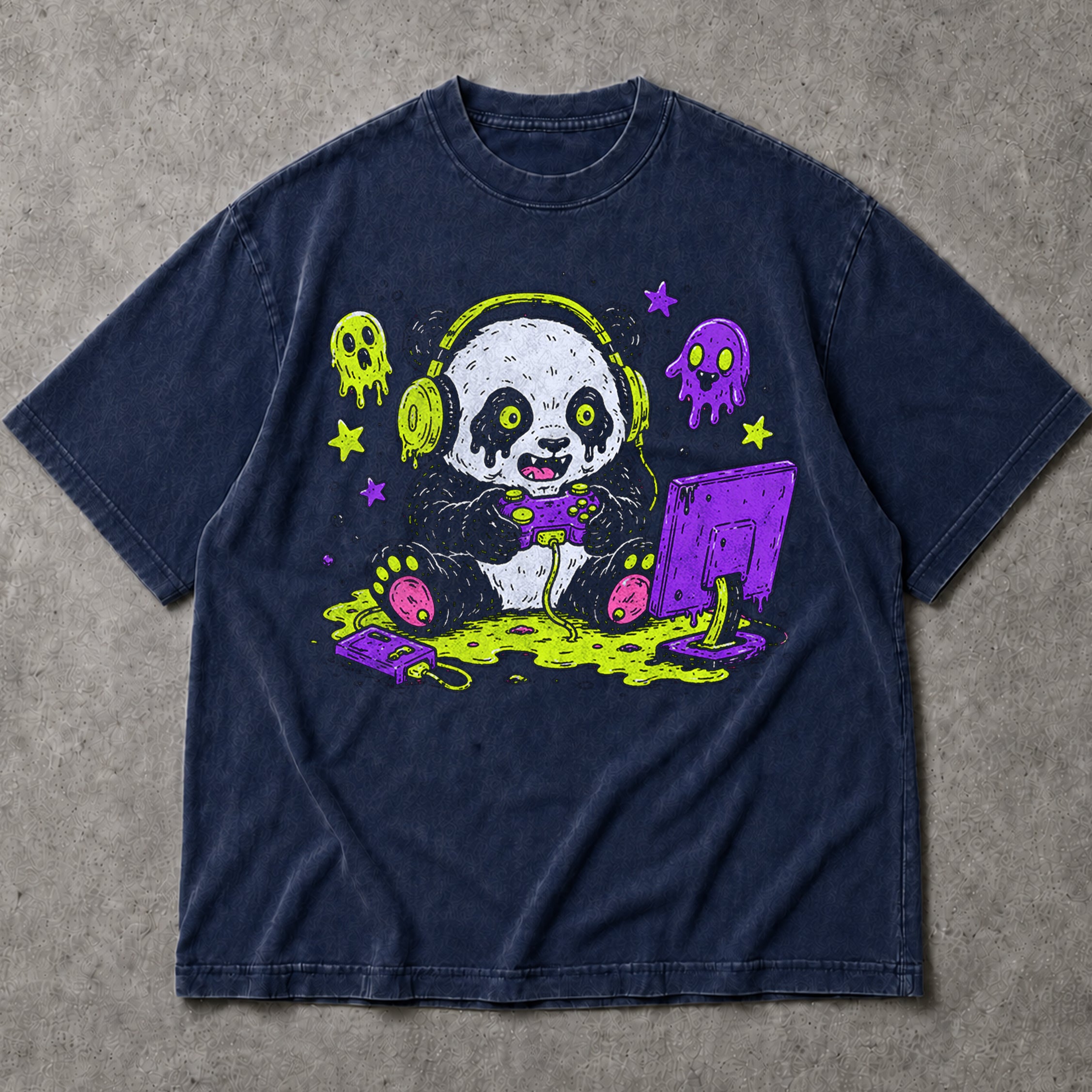 SF_COLOR=navy; SF_ITEM=adult-t-shirt; SF_ROLE=main; Spooky Gamer Panda T-Shirt Halloween Video Games Controller Slime Anime Tee - Navy Adult T-Shirt product image