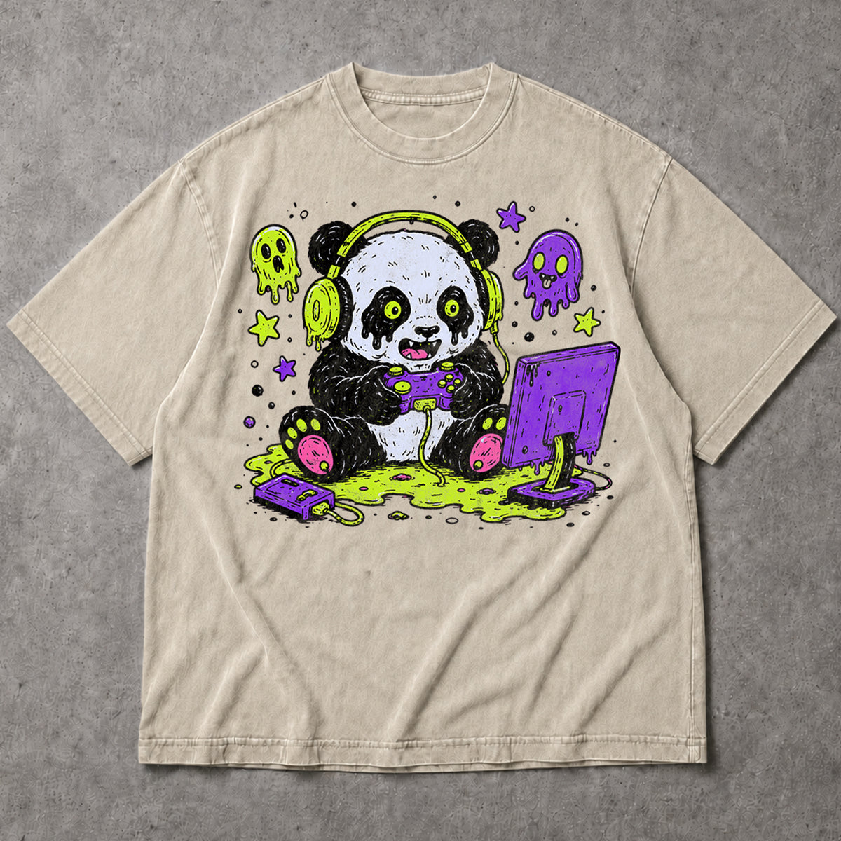 SF_COLOR=sand; SF_ITEM=adult-t-shirt; SF_ROLE=main; Spooky Gamer Panda T-Shirt Halloween Video Games Controller Slime Anime Tee - Sand Adult T-Shirt product image