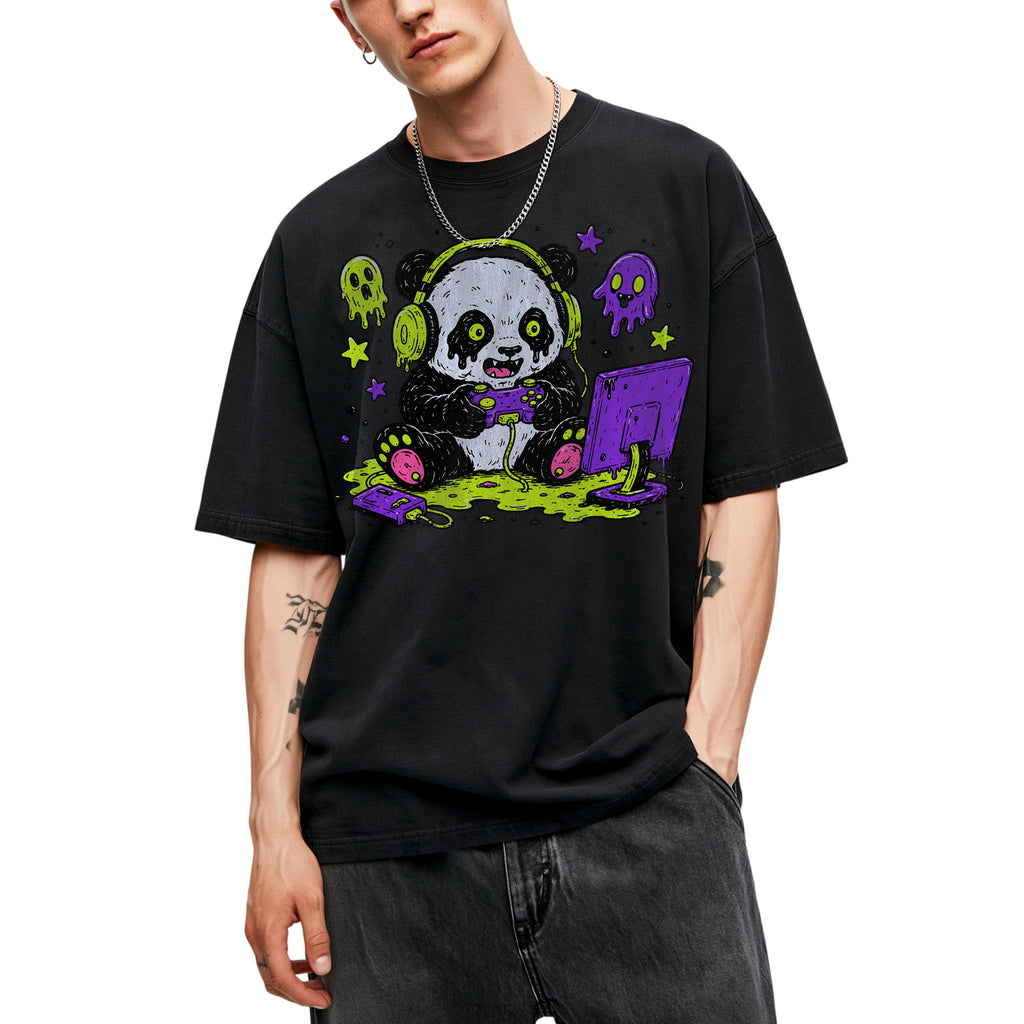 SF_COLOR=black; SF_ITEM=adult-t-shirt; SF_ROLE=gallery; Spooky Gamer Panda T-Shirt Halloween Video Games Controller Slime Anime Tee - Black Adult T-Shirt product image