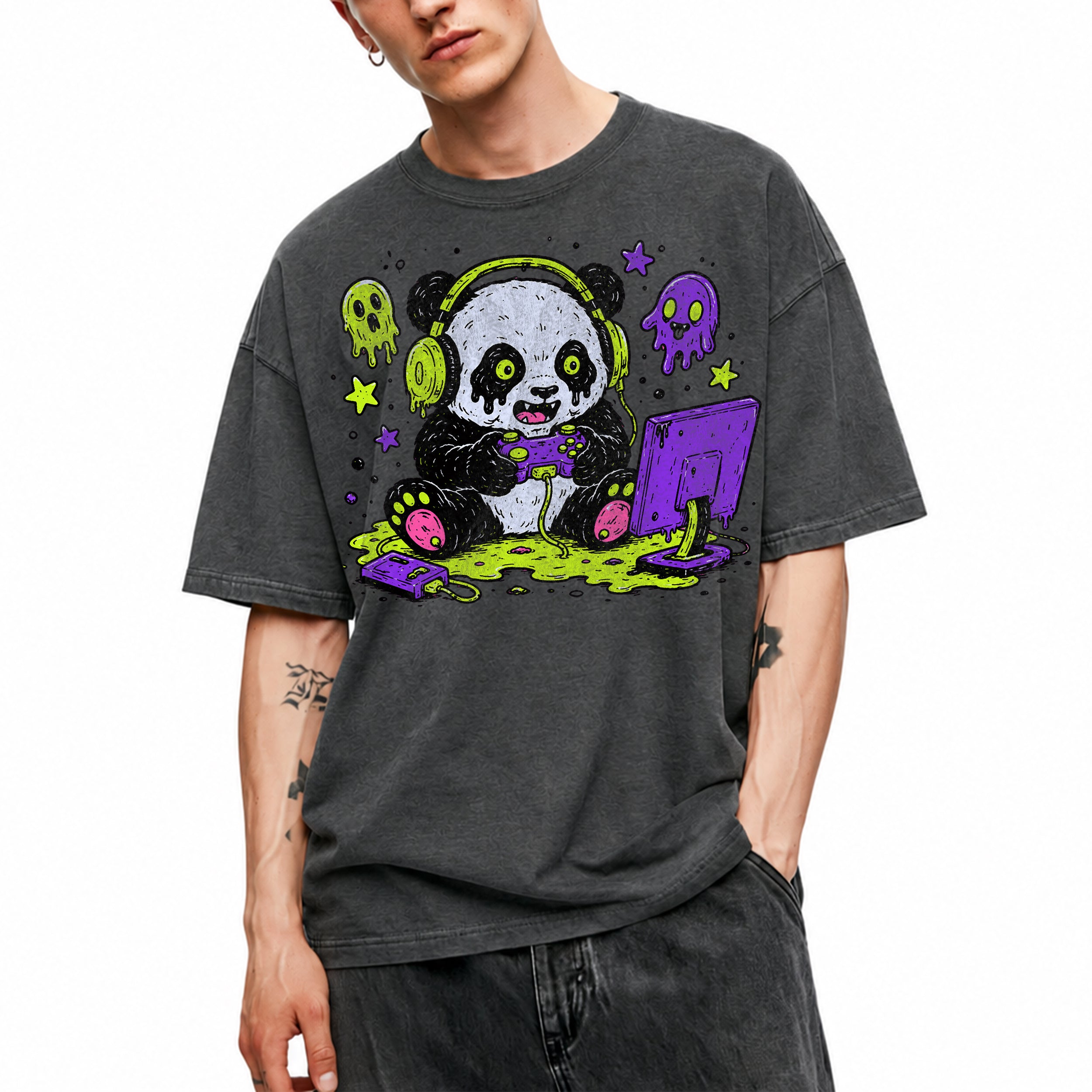 SF_COLOR=dark-heather; SF_ITEM=adult-t-shirt; SF_ROLE=gallery; Spooky Gamer Panda T-Shirt Halloween Video Games Controller Slime Anime Tee - Dark Heather Adult T-Shirt product image