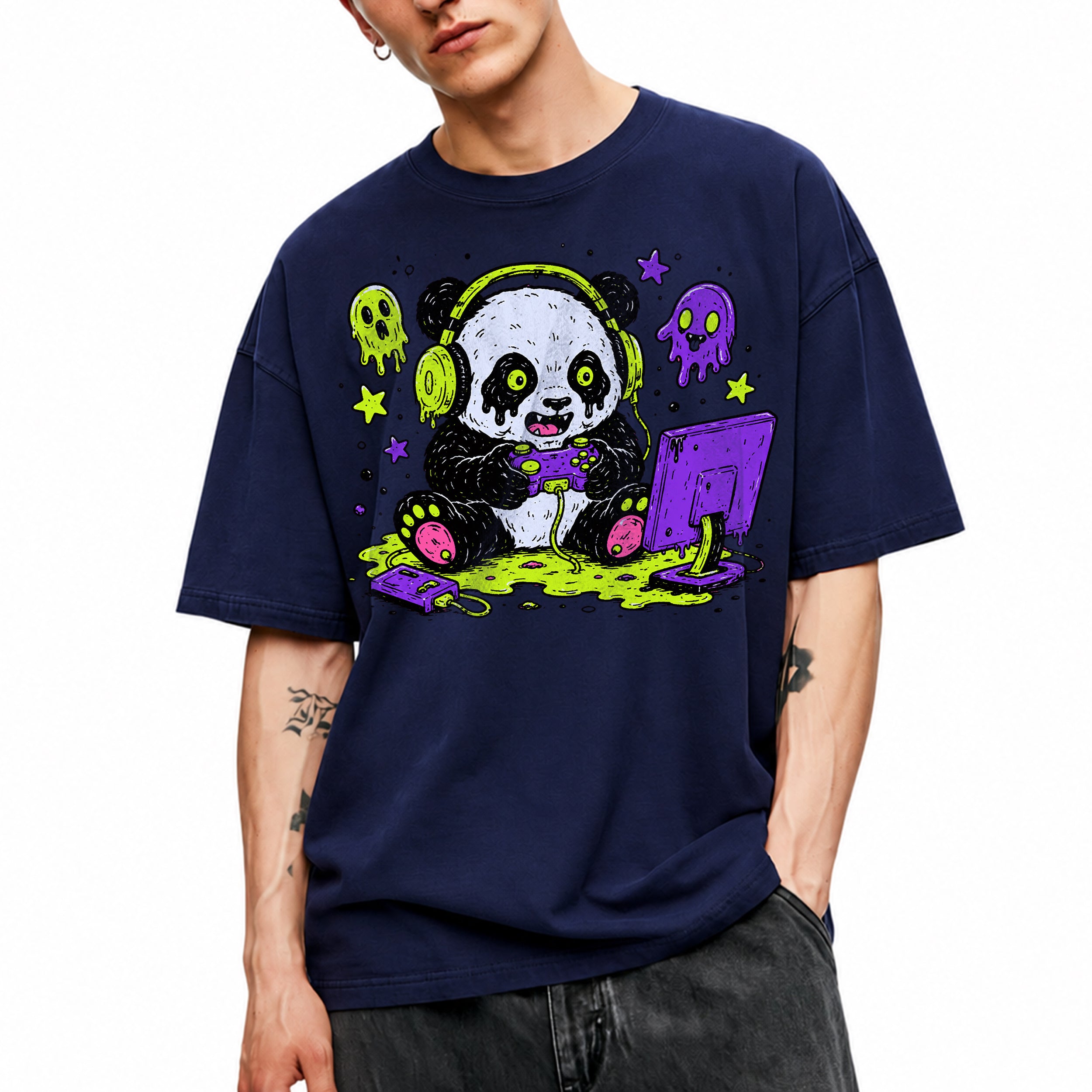 SF_COLOR=navy; SF_ITEM=adult-t-shirt; SF_ROLE=gallery; Spooky Gamer Panda T-Shirt Halloween Video Games Controller Slime Anime Tee - Navy Adult T-Shirt product image