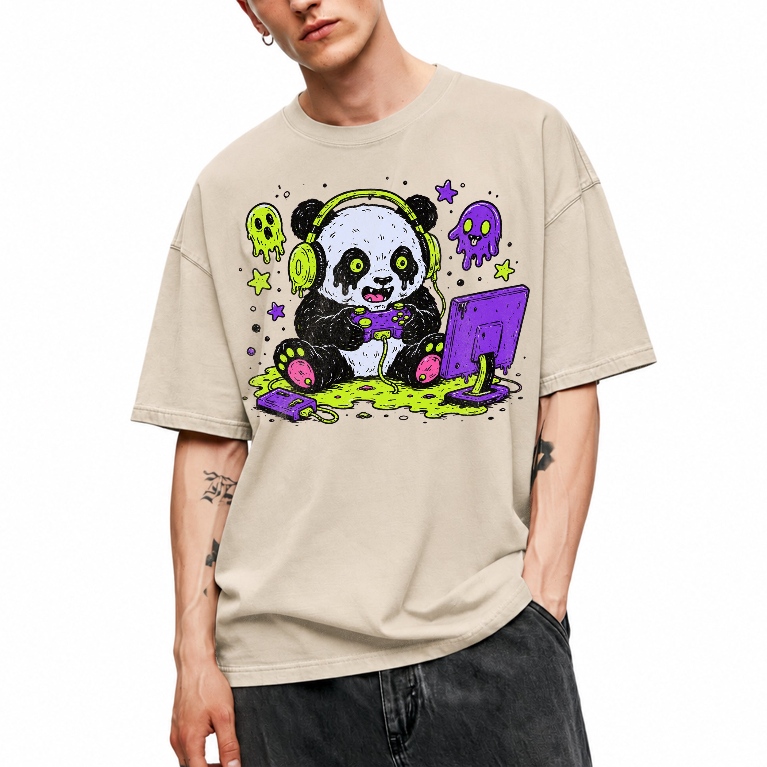 SF_COLOR=sand; SF_ITEM=adult-t-shirt; SF_ROLE=gallery; Spooky Gamer Panda T-Shirt Halloween Video Games Controller Slime Anime Tee - Sand Adult T-Shirt product image