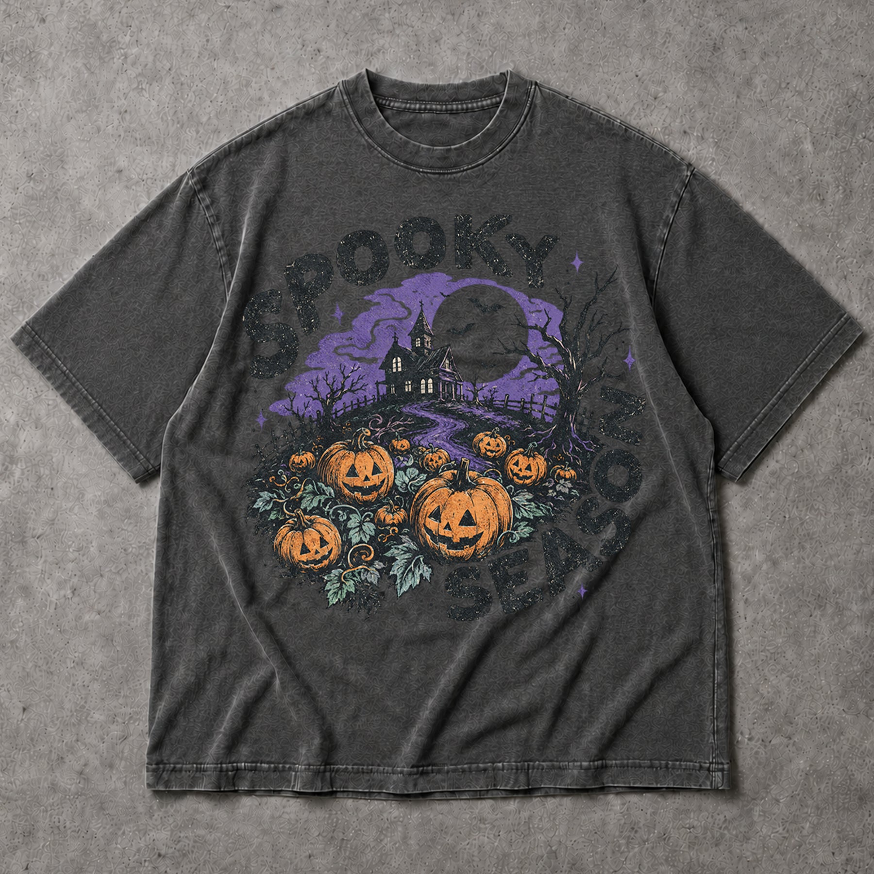 SF_COLOR=dark-heather; SF_ITEM=adult-t-shirt; SF_ROLE=main; Spooky Season Haunted House T-Shirt Pumpkin Patch Bats Halloween Night Tee - Dark Heather Adult T-Shirt product image