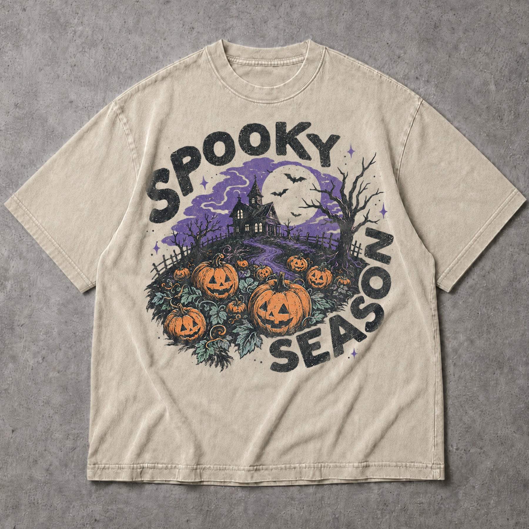 SF_COLOR=sand; SF_ITEM=adult-t-shirt; SF_ROLE=main; Spooky Season Haunted House T-Shirt Pumpkin Patch Bats Halloween Night Tee - Sand Adult T-Shirt product image