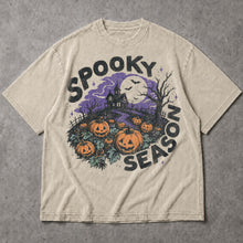 SF_COLOR=sand; SF_ITEM=adult-t-shirt; SF_ROLE=main; Spooky Season Haunted House T-Shirt Pumpkin Patch Bats Halloween Night Tee - Sand Adult T-Shirt product image