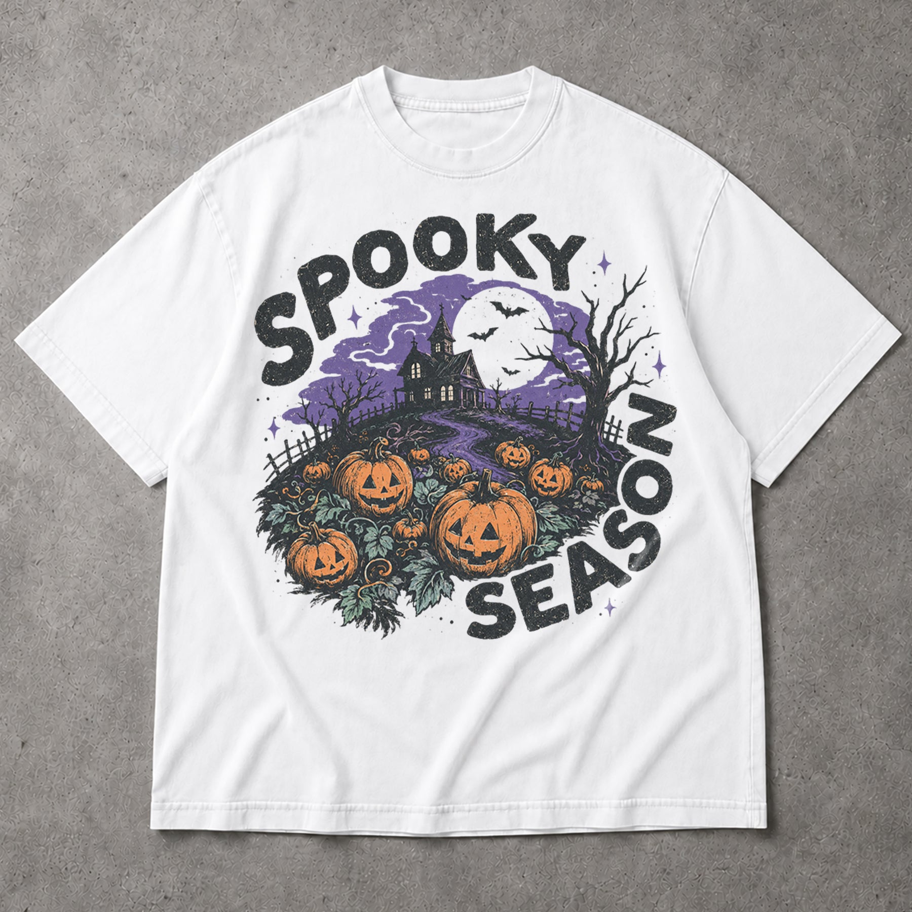 SF_COLOR=white; SF_ITEM=adult-t-shirt; SF_ROLE=main; Spooky Season Haunted House T-Shirt Pumpkin Patch Bats Halloween Night Tee - White Adult T-Shirt product image