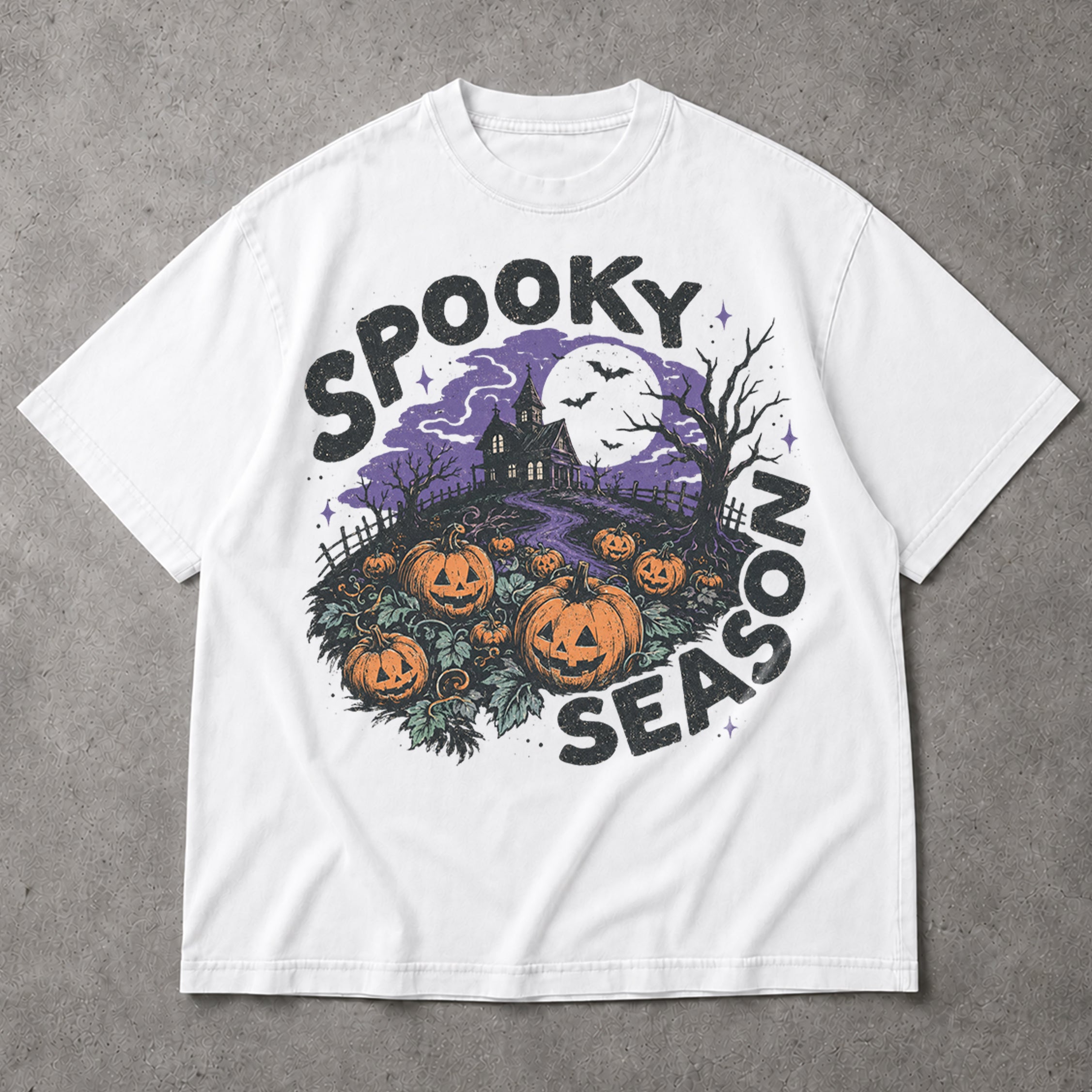 SF_COLOR=white; SF_ITEM=adult-t-shirt; SF_ROLE=main; Spooky Season Haunted House T-Shirt Pumpkin Patch Bats Halloween Night Tee - White Adult T-Shirt product image